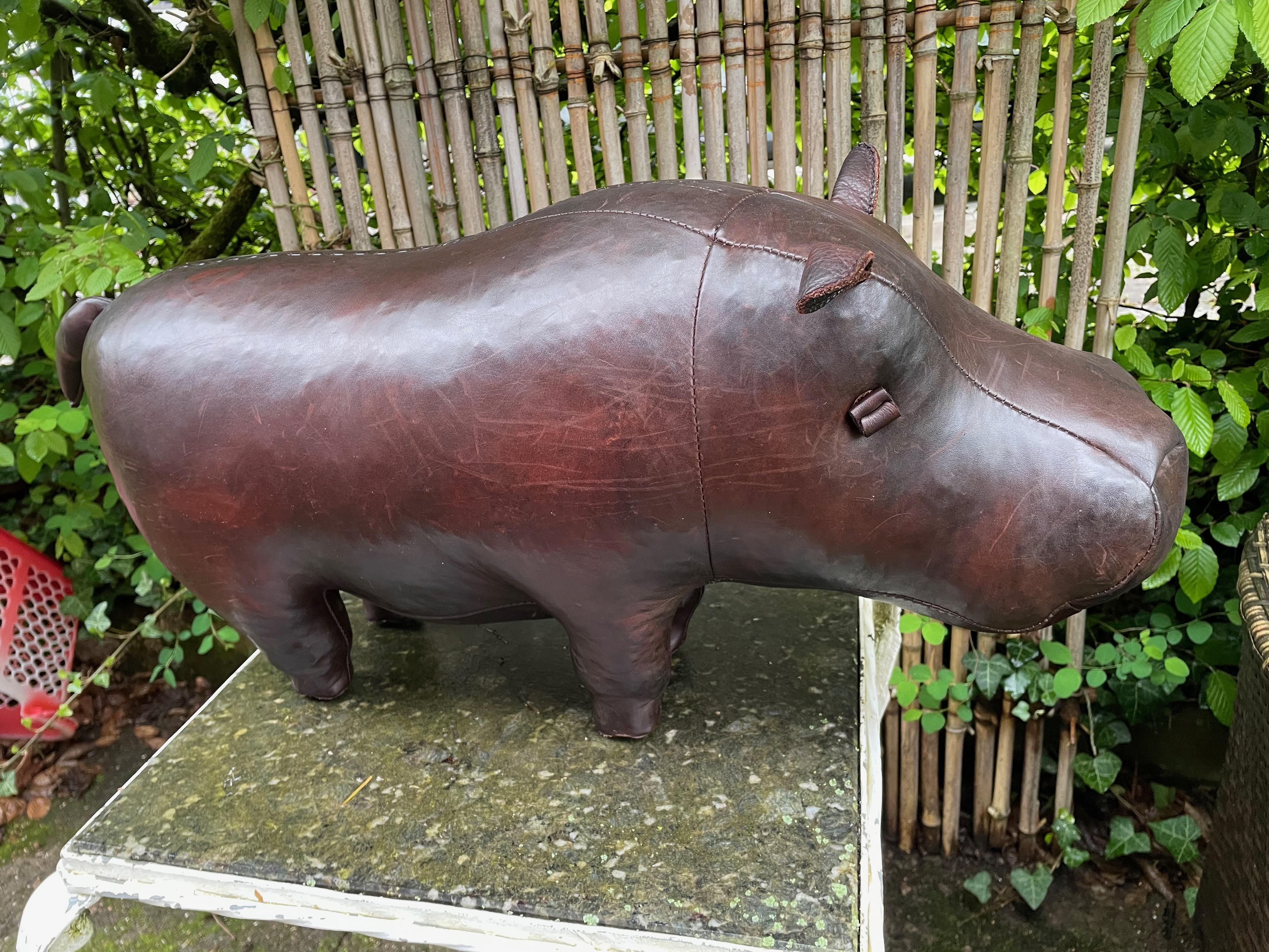 Hand-Crafted Charming hippopotamus by Dimitri Omersa. Leather footstool. For Sale