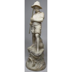 Charming Italian 19th-20th Century Carved Alabaster Figure of a Fisher Boy