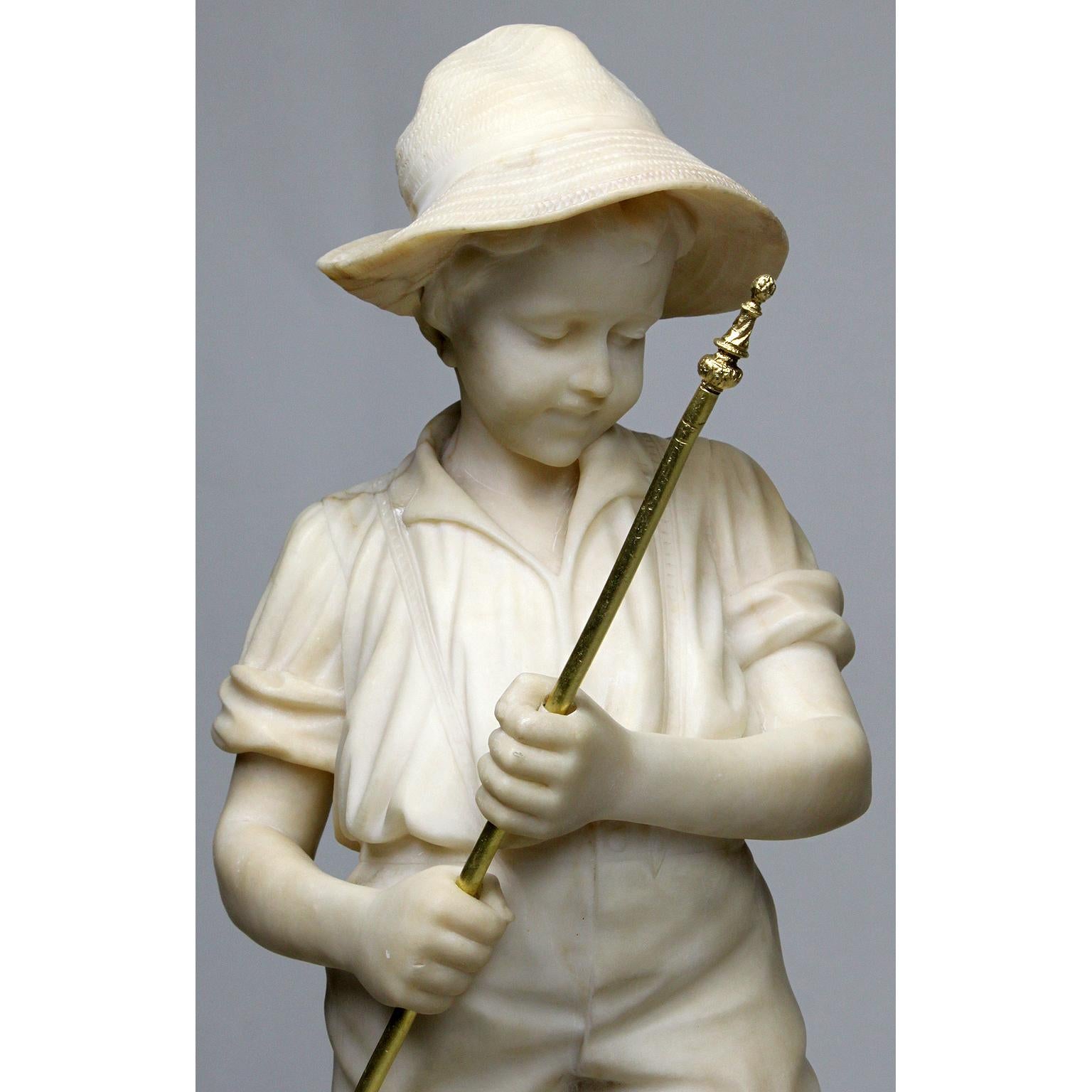 Hand-Carved Charming Italian 19th-20th Century Carved Alabaster Figure of a Fisher Boy For Sale