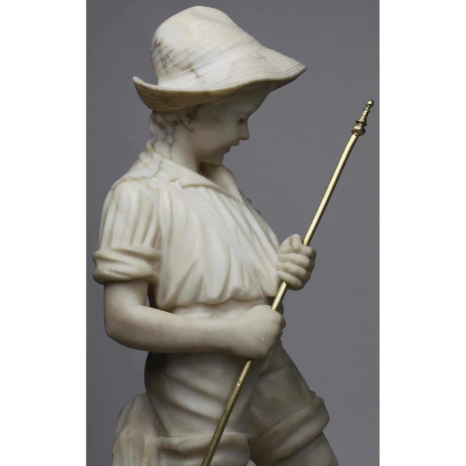 Albâtre Charmante figure italienne en albâtre sculpté du 19ème-20ème siècle représentant un garçon pêcheur en vente