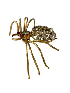 Antique Italian Insect Red Glass and Brass Spider Brooch, circa 1890s-1900s