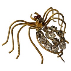 Antique Italian Insect Red Glass and Brass Spider Brooch, circa 1890s-1900s