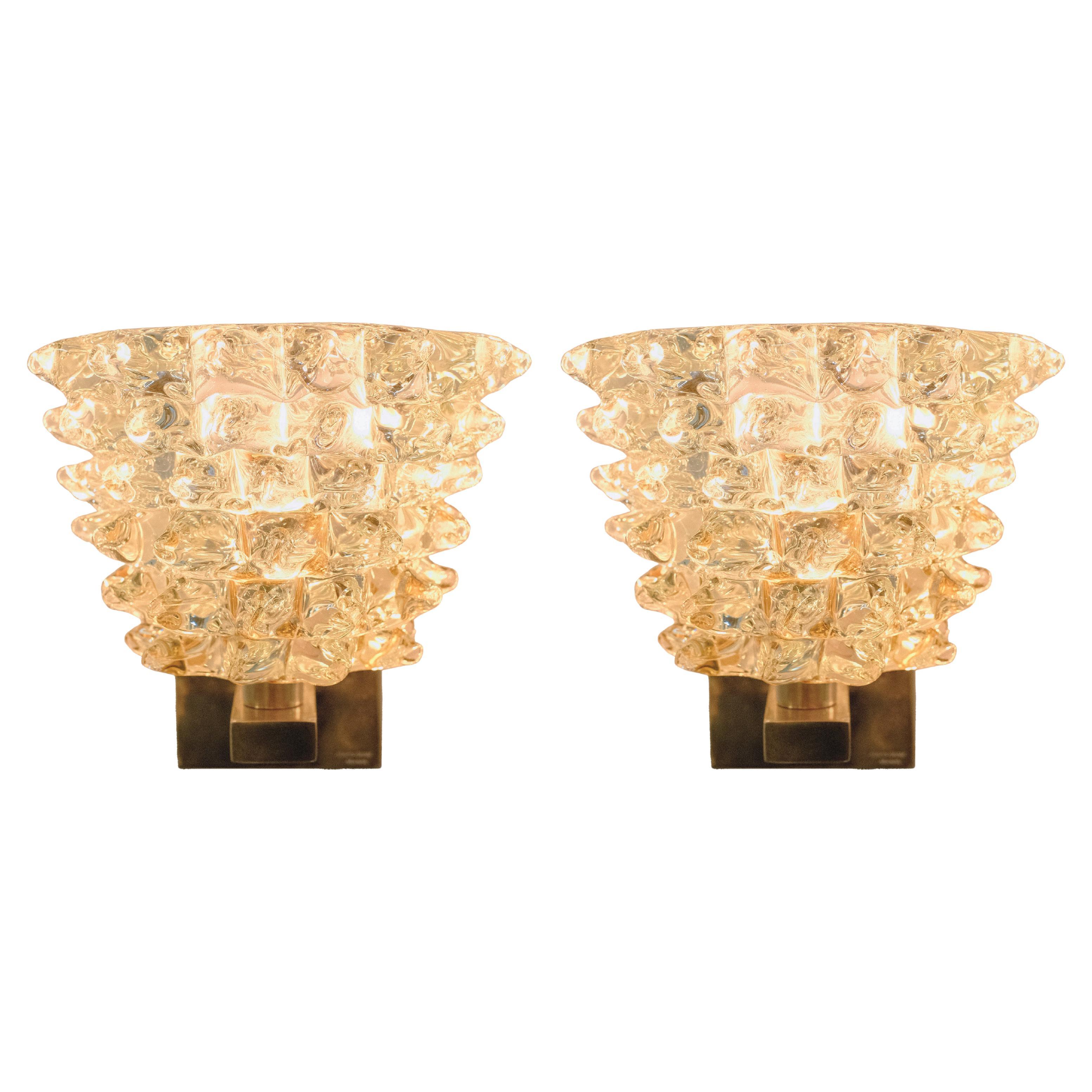 Charming Italian Brass & Crystal Rostrato Textured Murano Glass Sconces