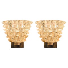 Charming Italian Brass & Crystal Rostrato Textured Murano Glass Sconces