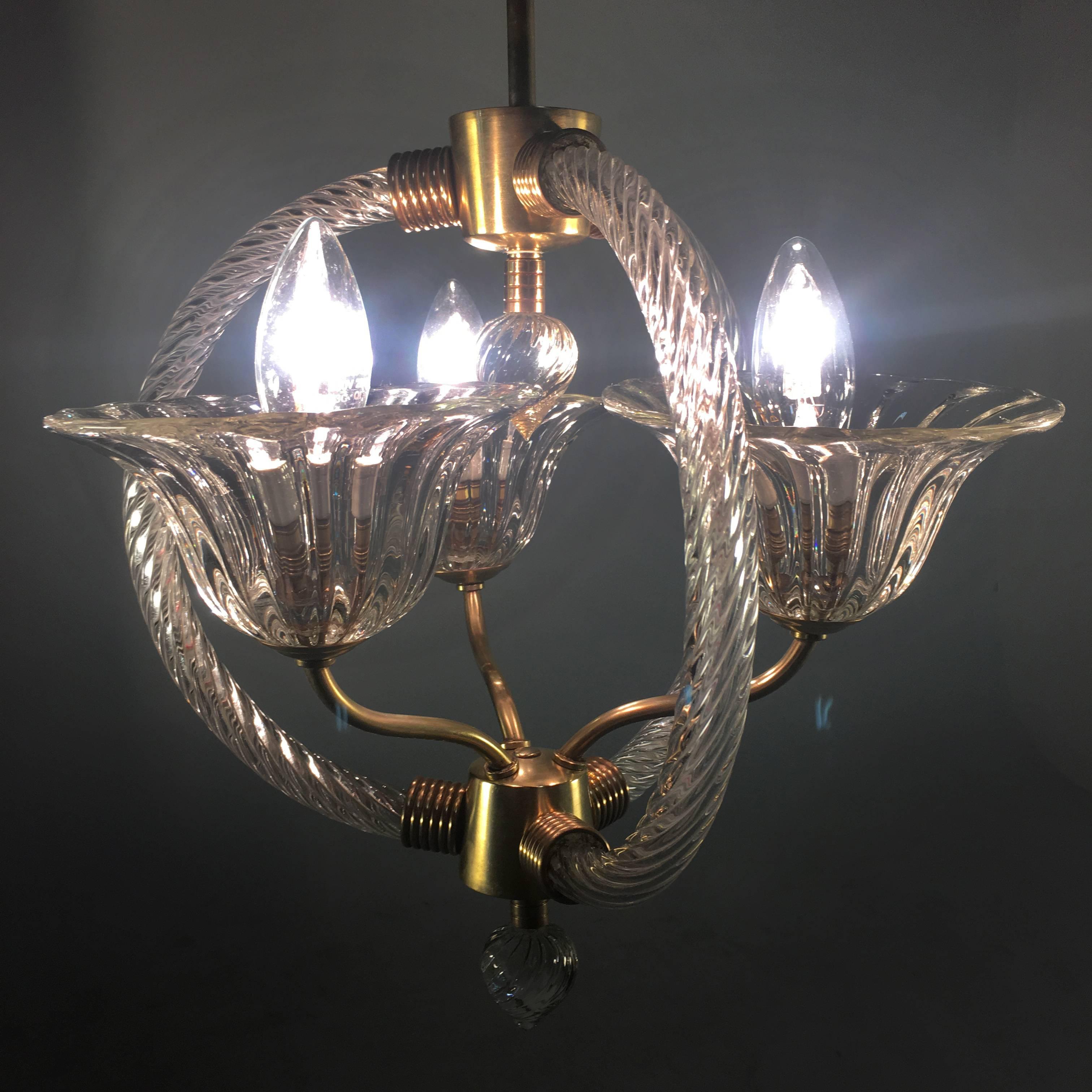 Brass Charming Italian Chandelier by Barovier & Toso, Murano, 1940 For Sale