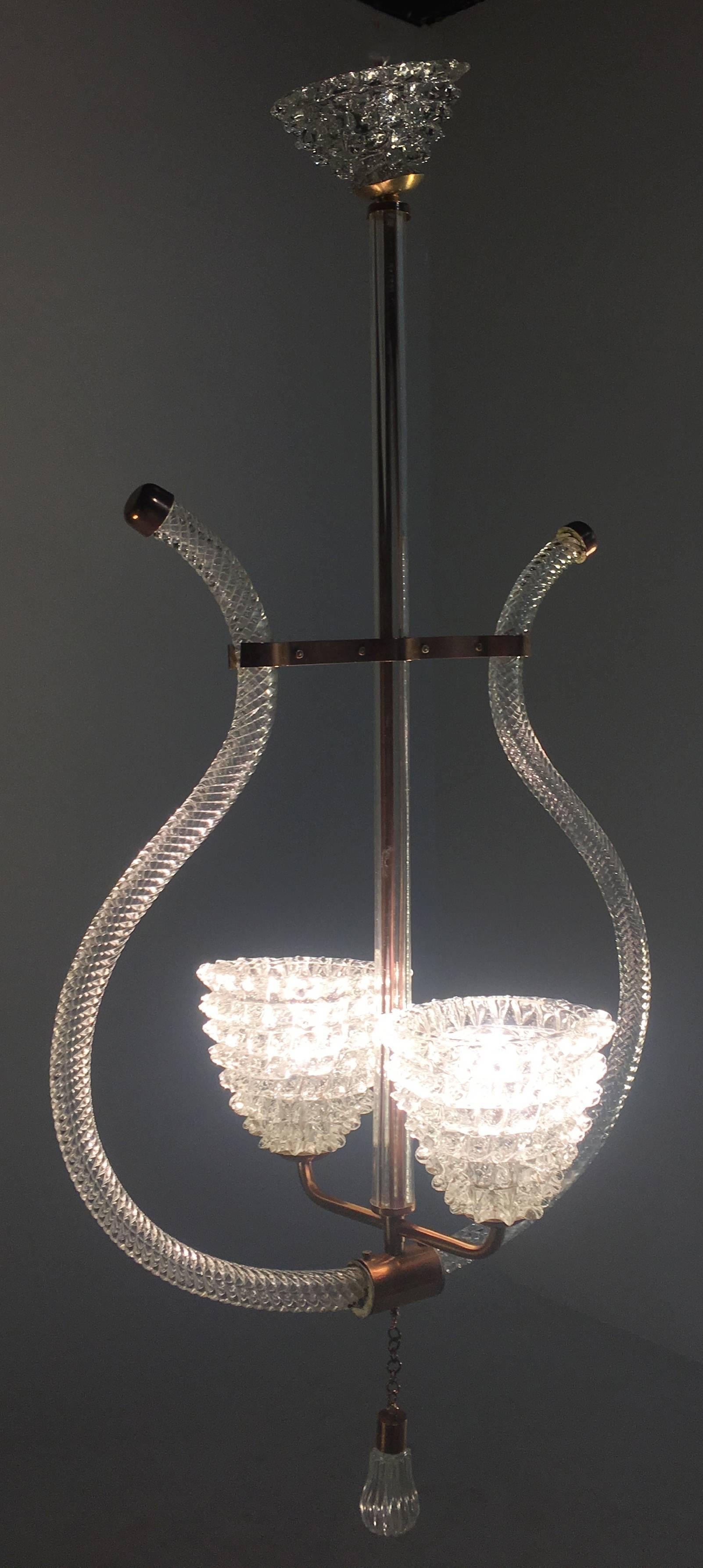 Ottone Incantevole lampadario italiano di Ercole Barovier, Murano, 1940 in vendita