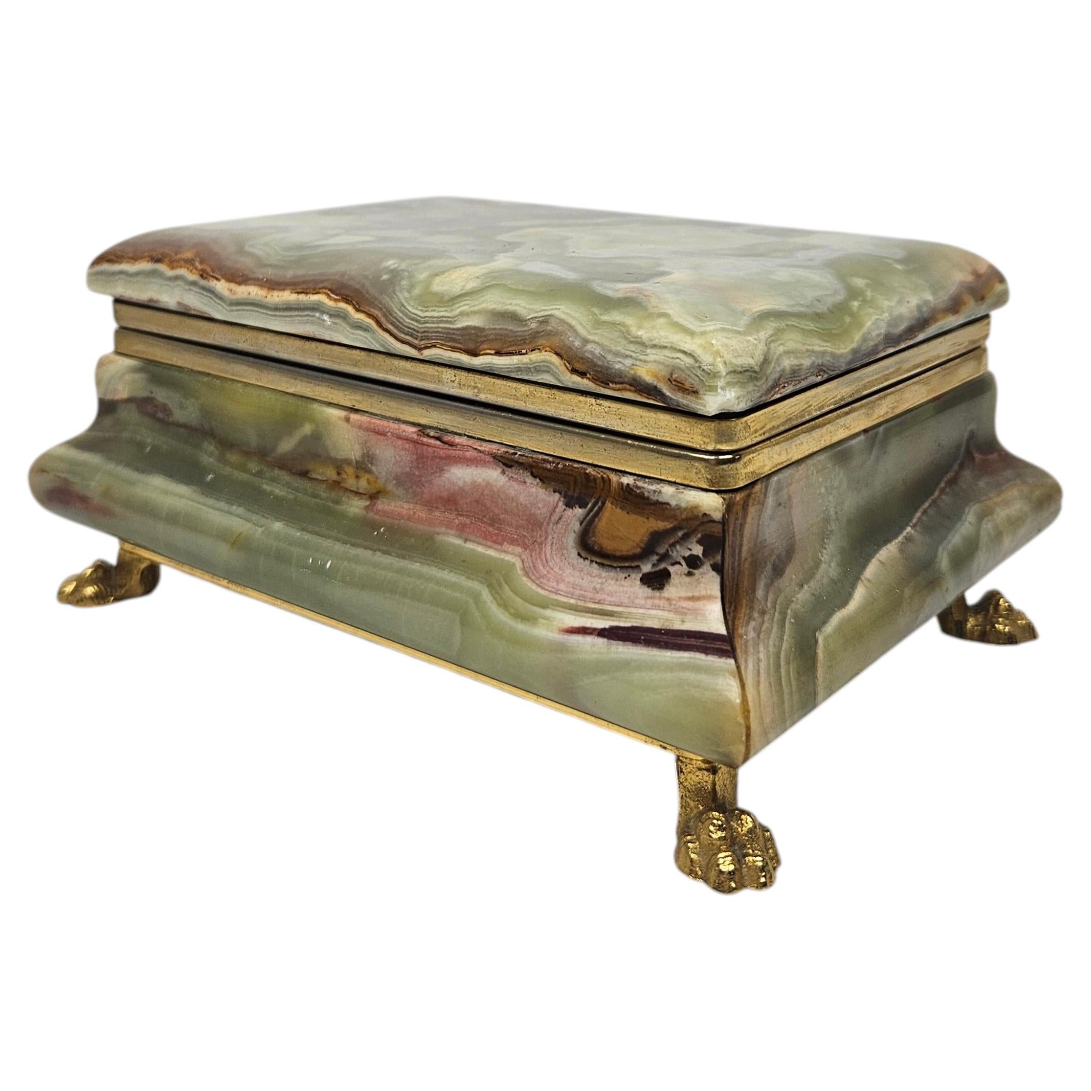 Charming Italian Mid-Century Onyx Jewelry Box with Brass Paw Feet, 1970s