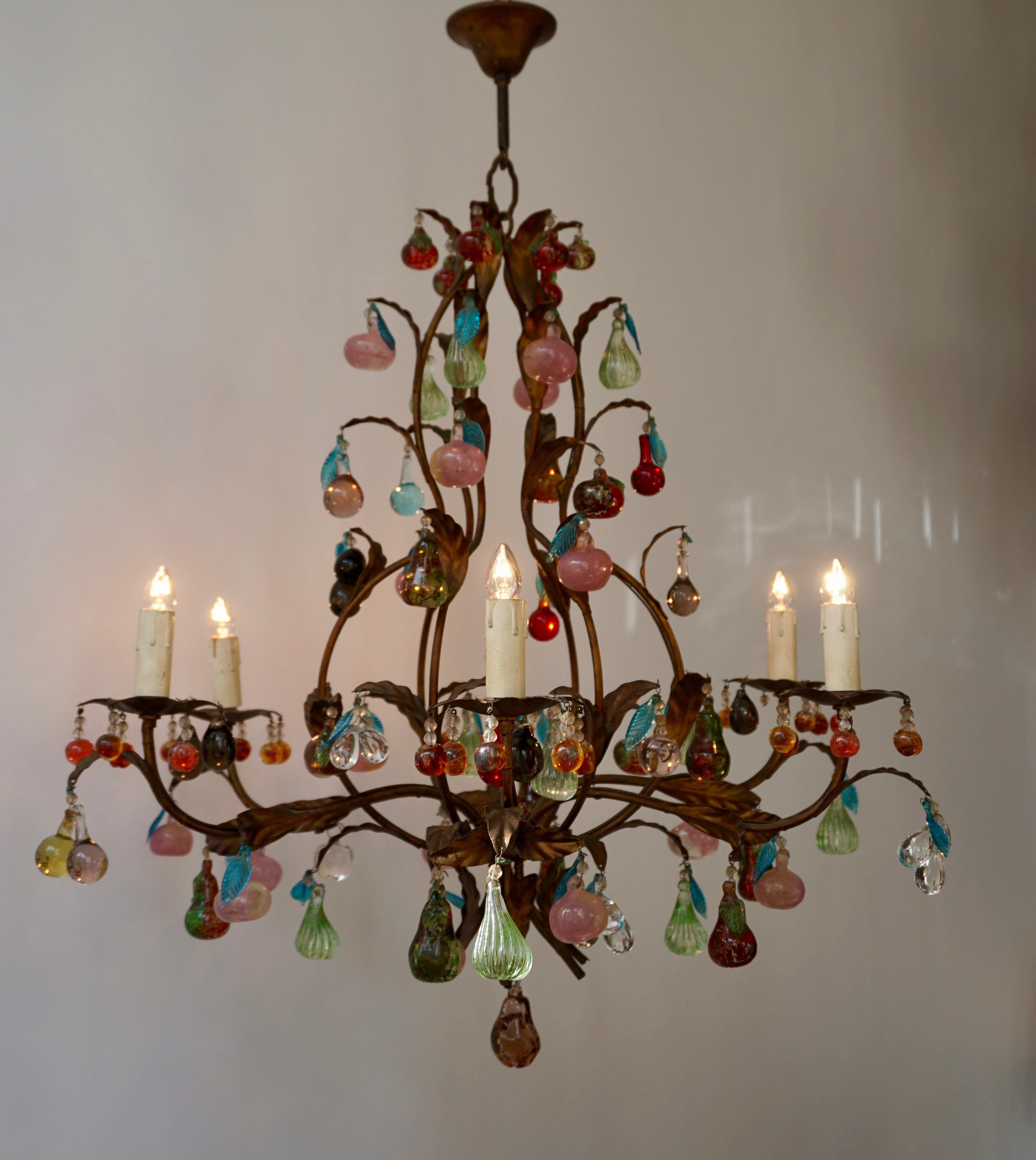 Brass Charming Italian Murano Chandelier with Fruit Pendants in Colored Glass