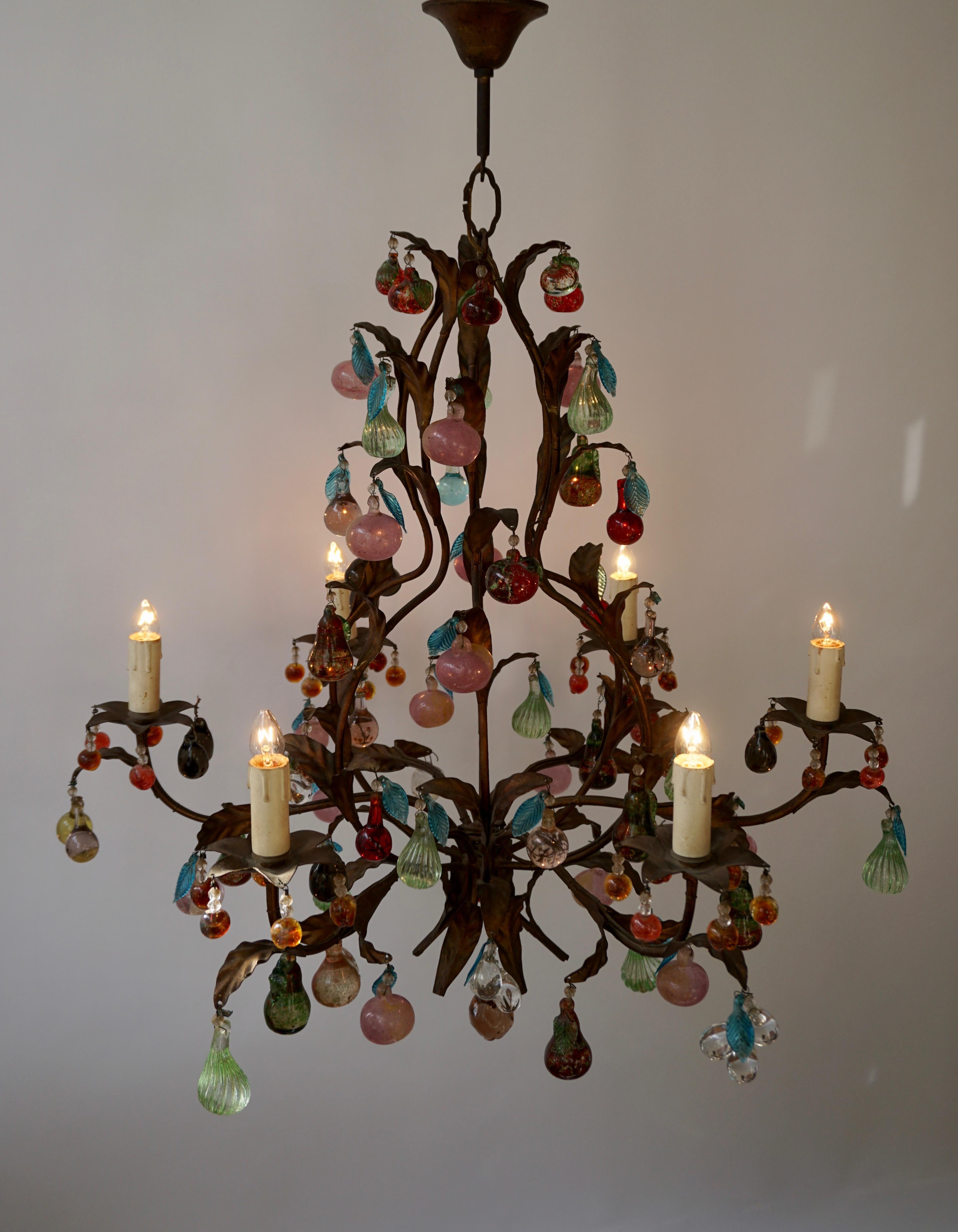 Hollywood Regency Charming Italian Murano Chandelier with Fruit Pendants in Colored Glass