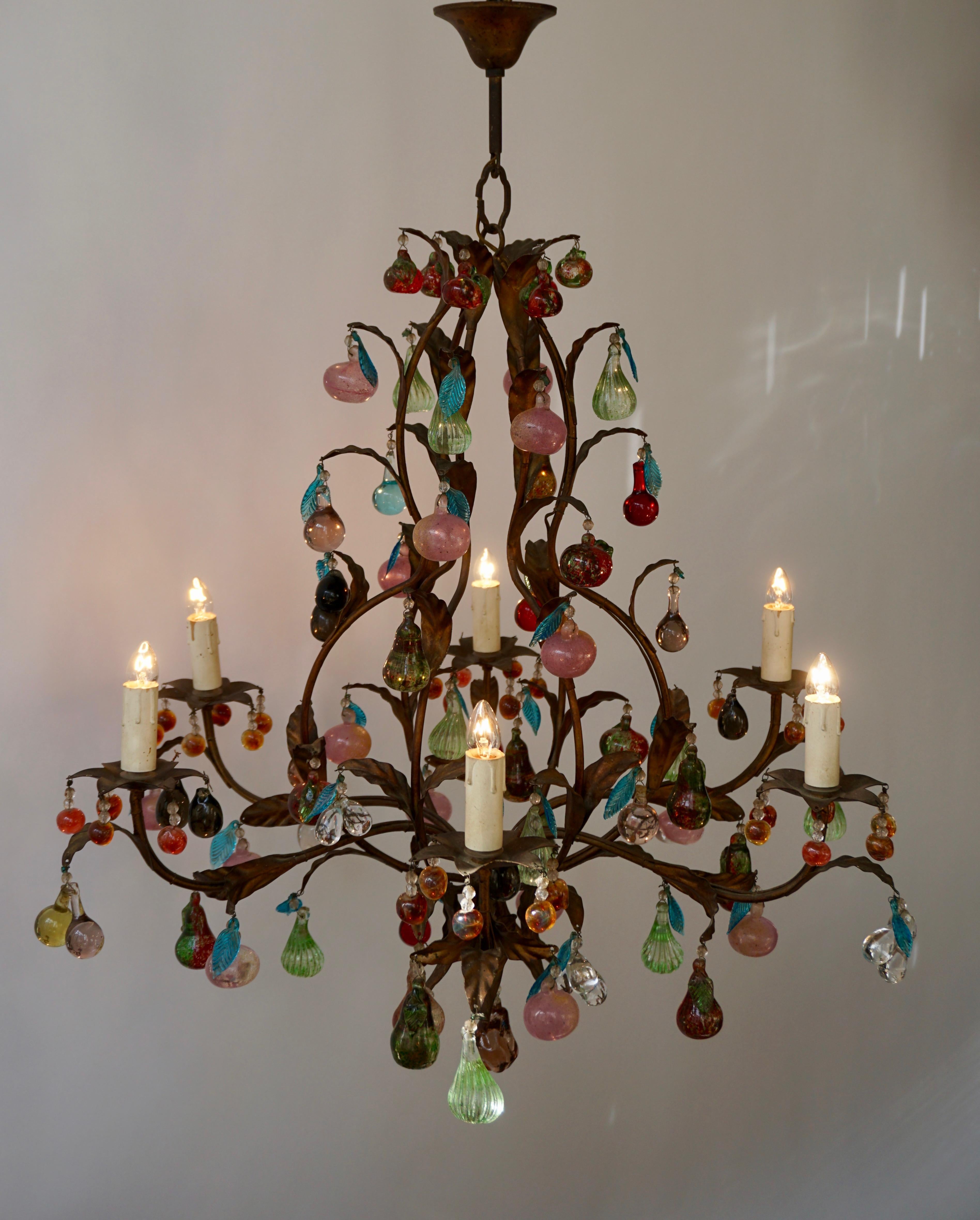 20th Century Charming Italian Murano Chandelier with Fruit Pendants in Colored Glass