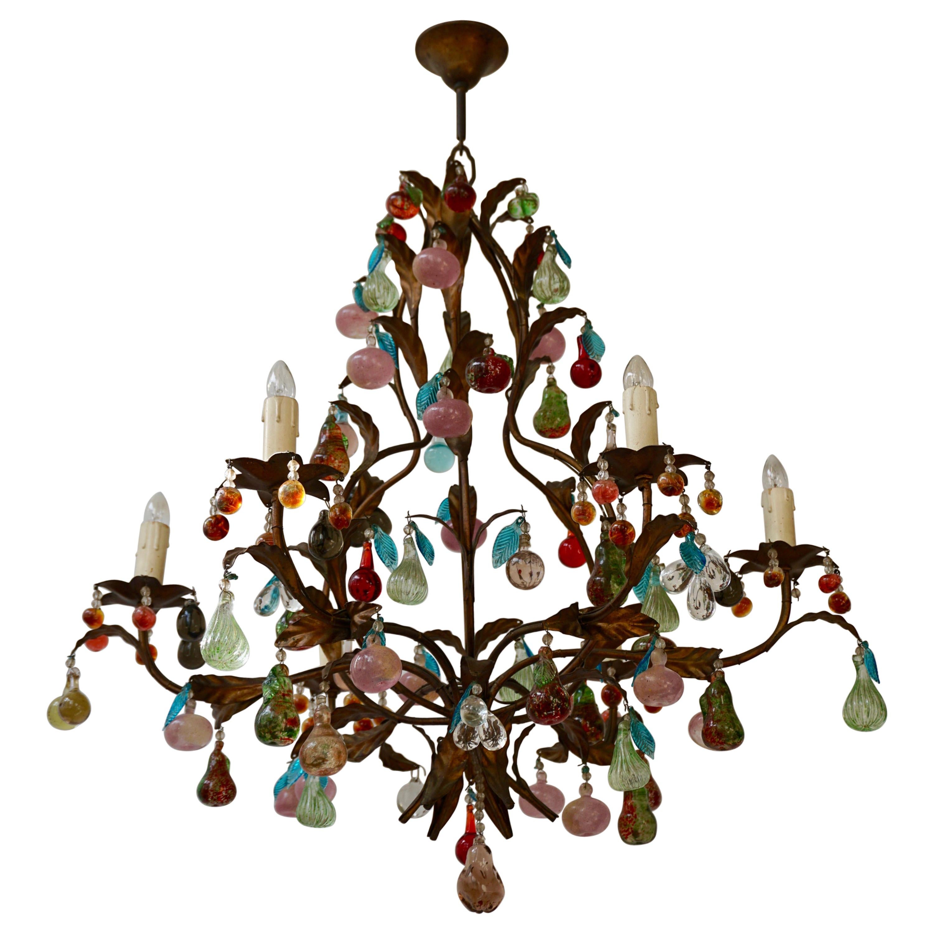 Charming Italian Murano Chandelier with Fruit Pendants in Colored Glass