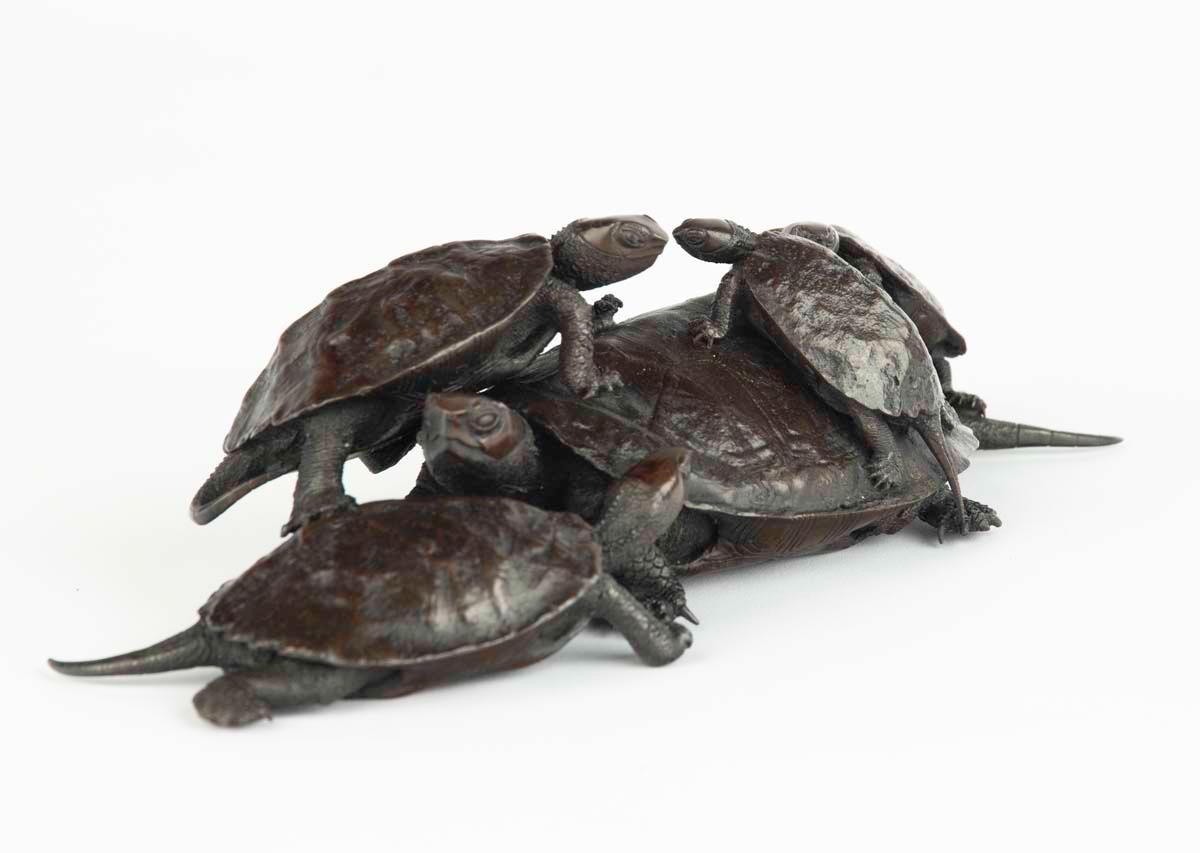 Dans le cadre de notre collection d'œuvres d'art japonaises, nous sommes ravis d'offrir ce charmant groupe okimono en bronze de la période Meiji (1868-1912) représentant un groupe de tortues, peut-être des tortues d'étang japonaises. Ce charmant