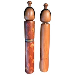 Charming Japanese Hand-Painted Pair of Tall 20" Kokeshi Dolls Mint and Signed