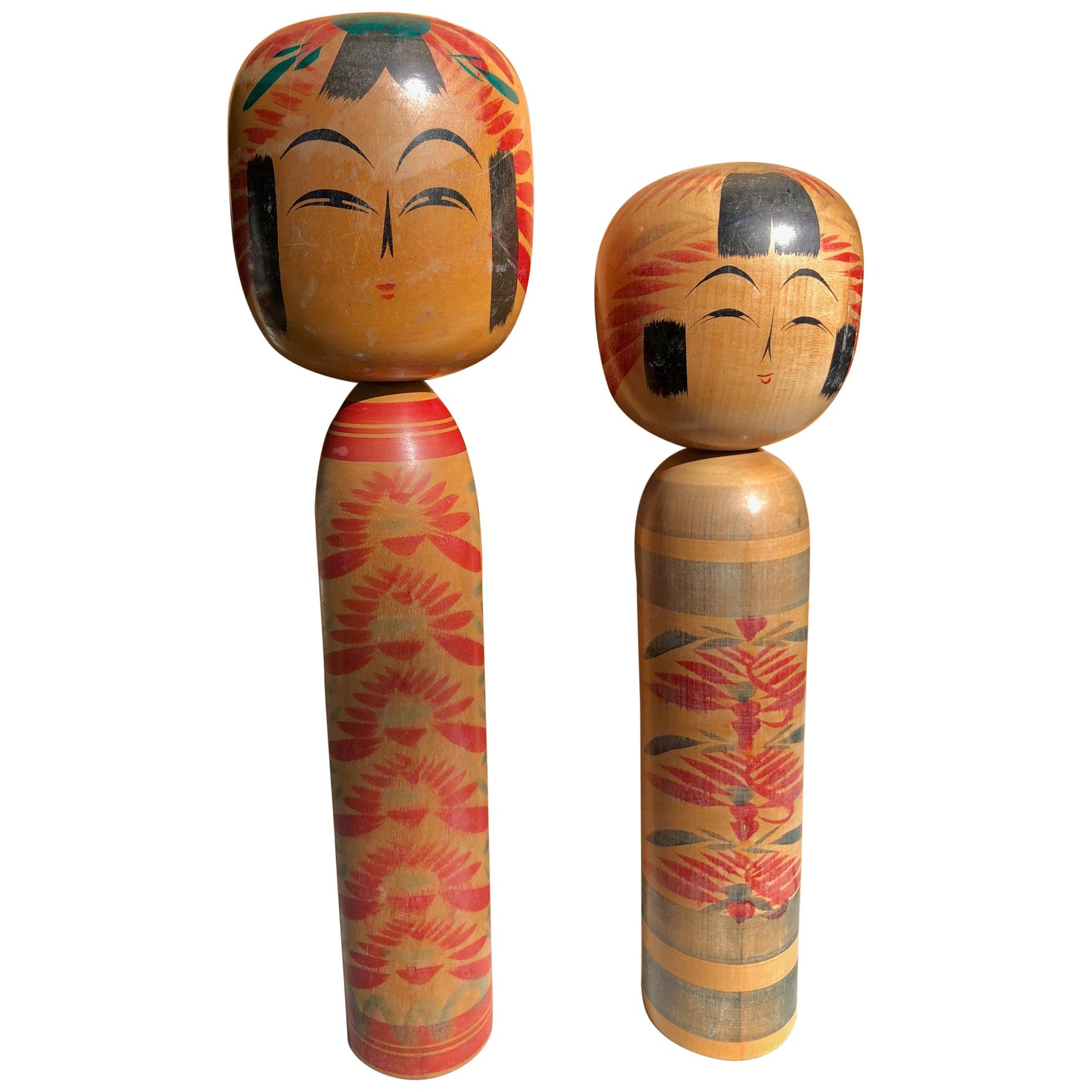Charming Japanese Hand-Painted Pair of Tall Famous Kokeshi Dolls Mint and Signed