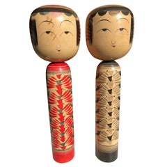 Vintage Charming Japanese Hand-Painted Pair of Tall Famous Kokeshi Dolls Mint and Signed