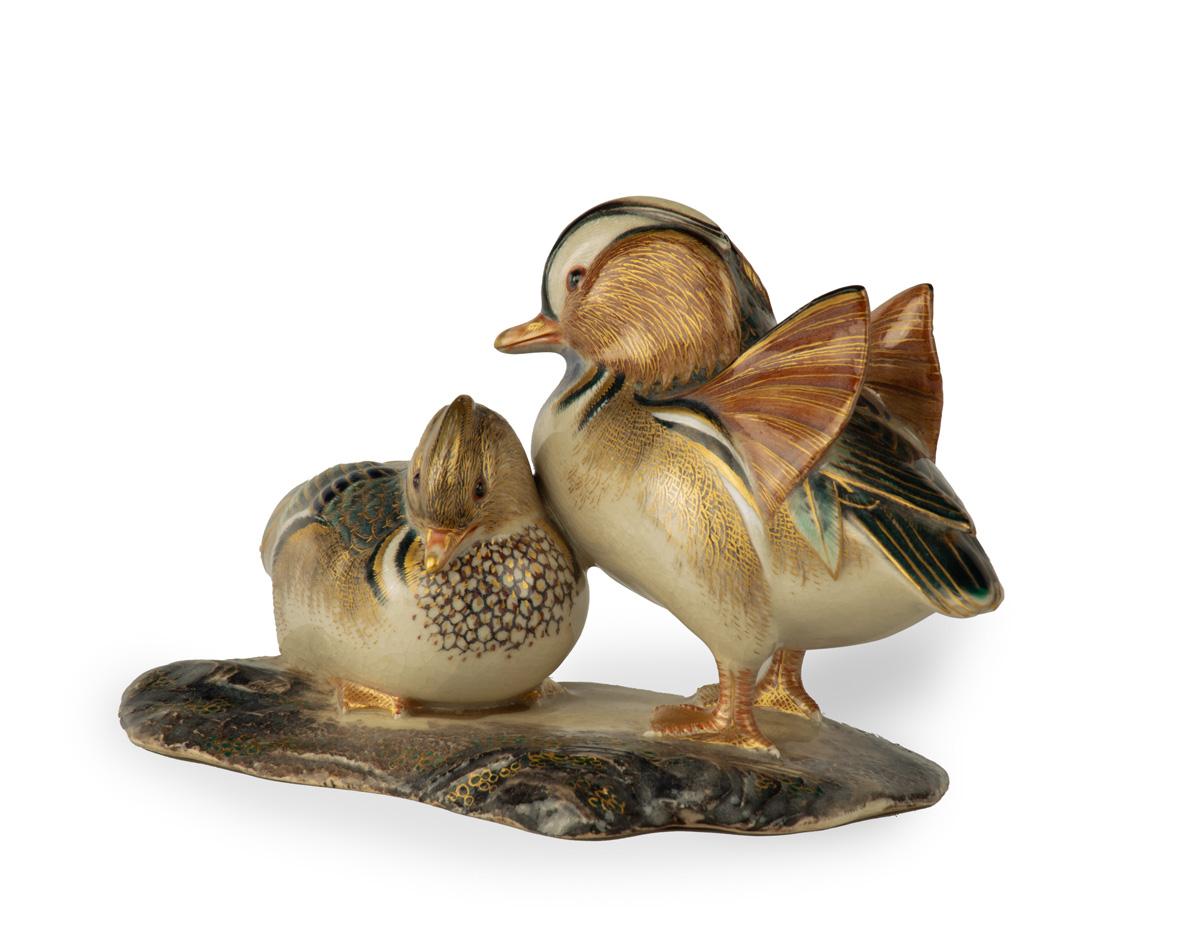 Hand-Crafted Charming Japanese Okimono Mandarin Ducks - Makuzu Kozan II For Sale