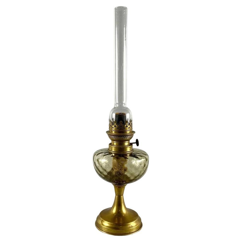 Charming Kerosene Table Lamp Table Lamp in Brass and Glass, Vintage For Sale