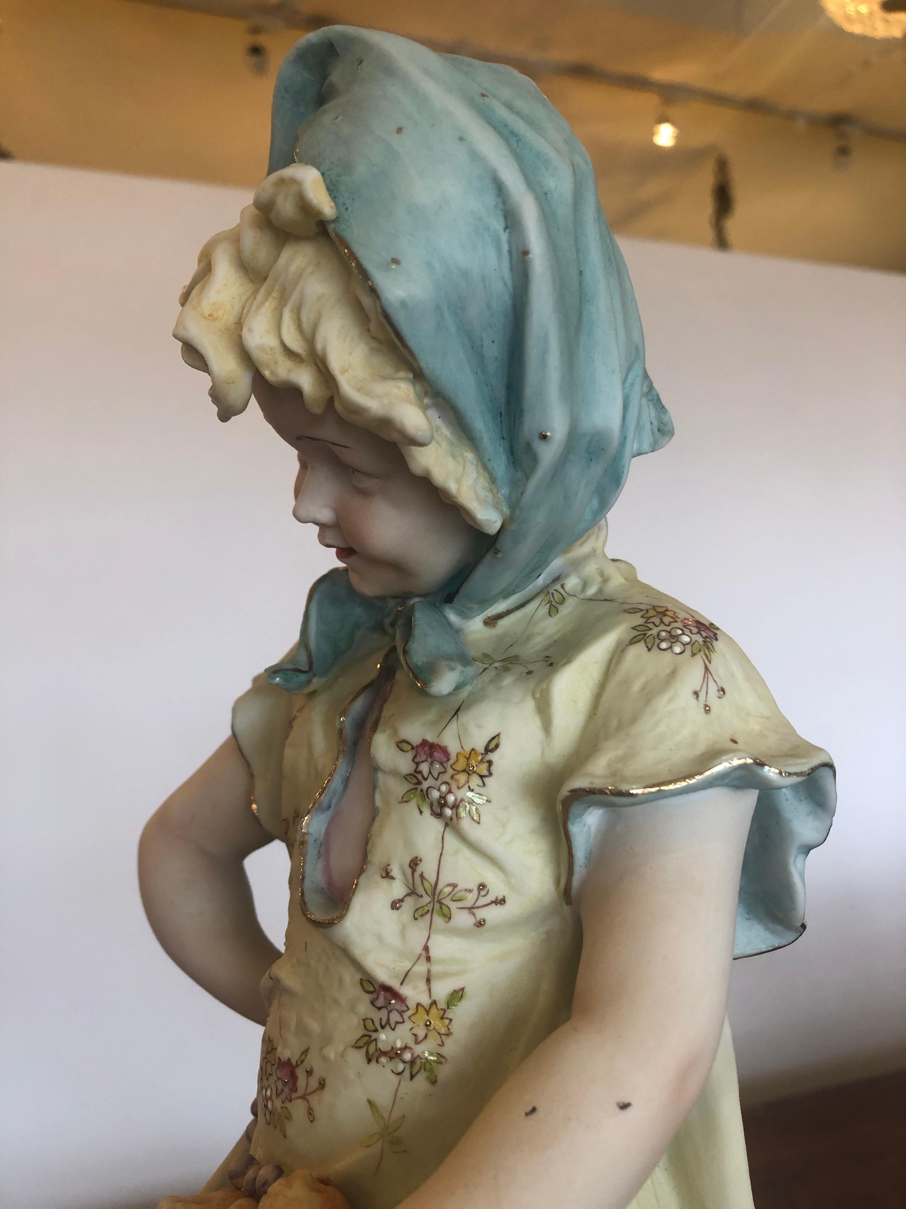 Charming Large Antique Hand Painted Parian Porcelain Figure of a Girl For Sale 5