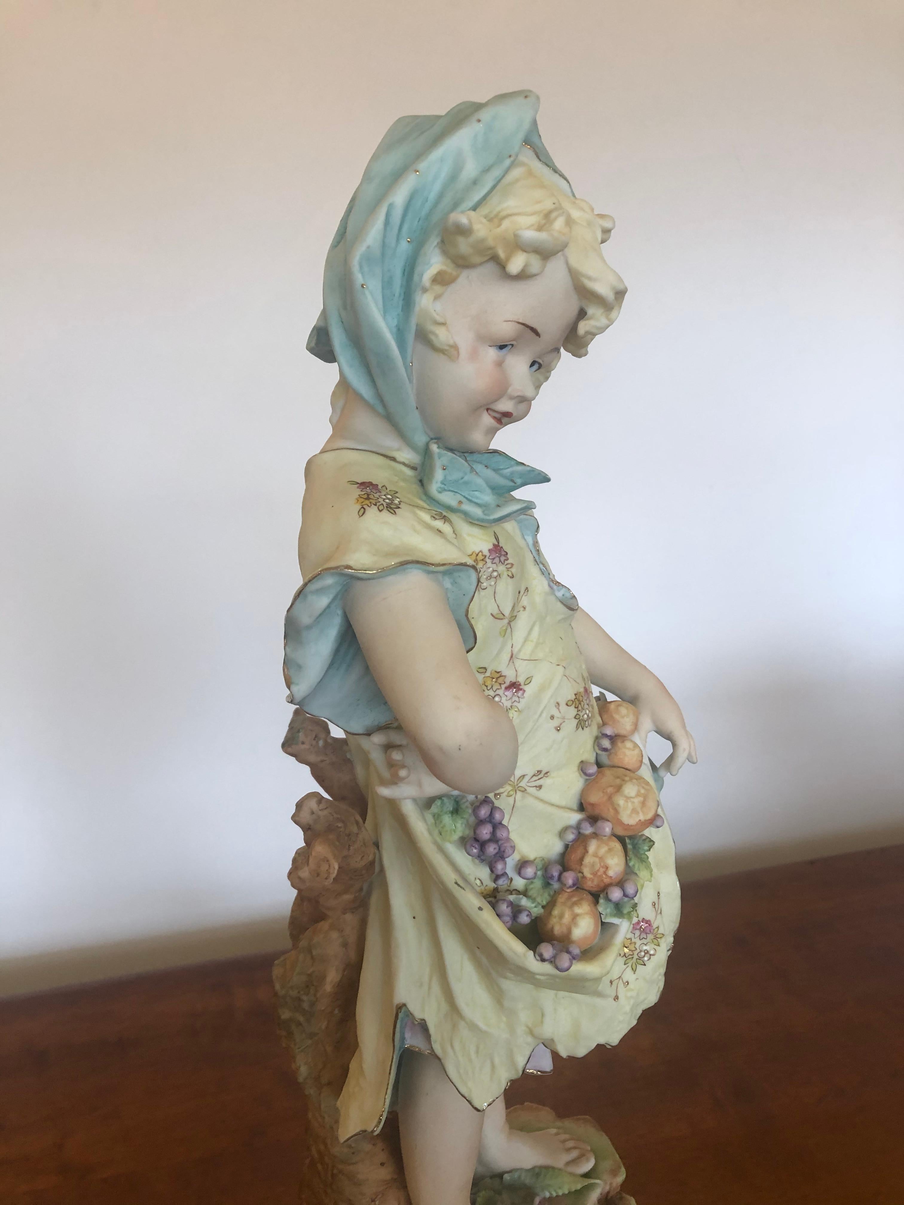 Charming Large Antique Hand Painted Parian Porcelain Figure of a Girl In Good Condition For Sale In Hopewell, NJ