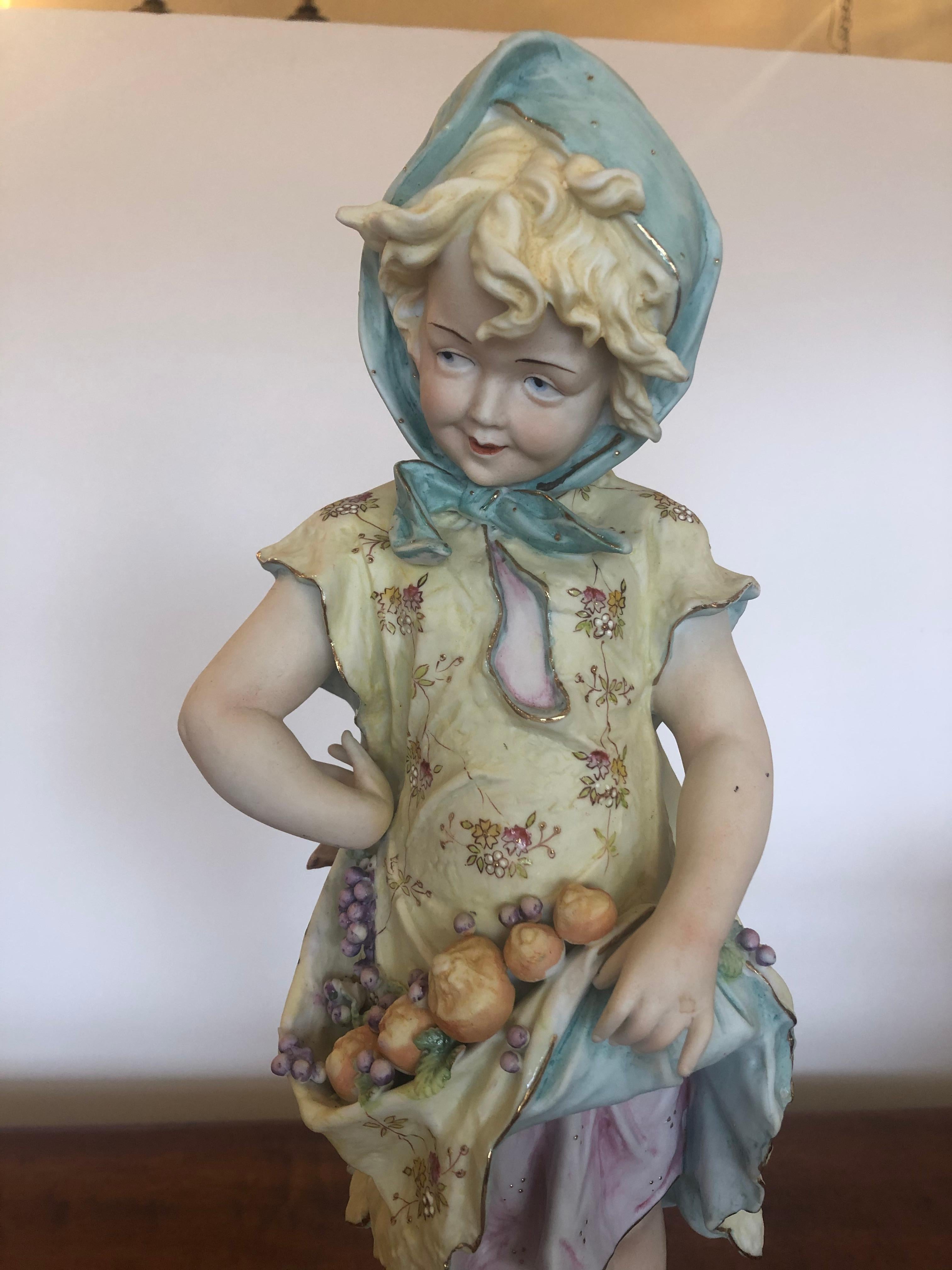 Mid-20th Century Charming Large Antique Hand Painted Parian Porcelain Figure of a Girl For Sale