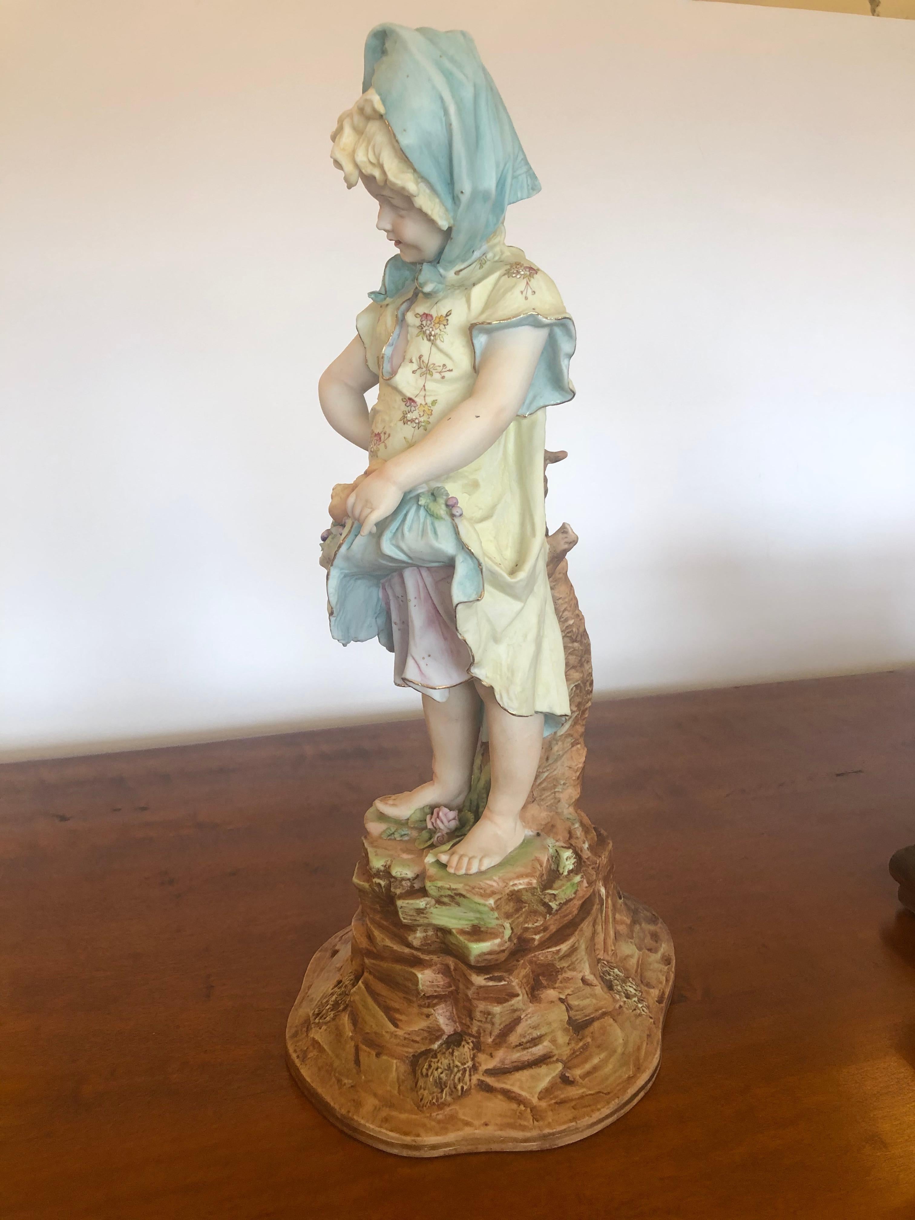 Charming Large Antique Hand Painted Parian Porcelain Figure of a Girl For Sale 2