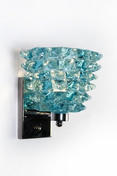 Charming Large Italian Brass & Blue Rostrato Textured Murano Glass Sconces