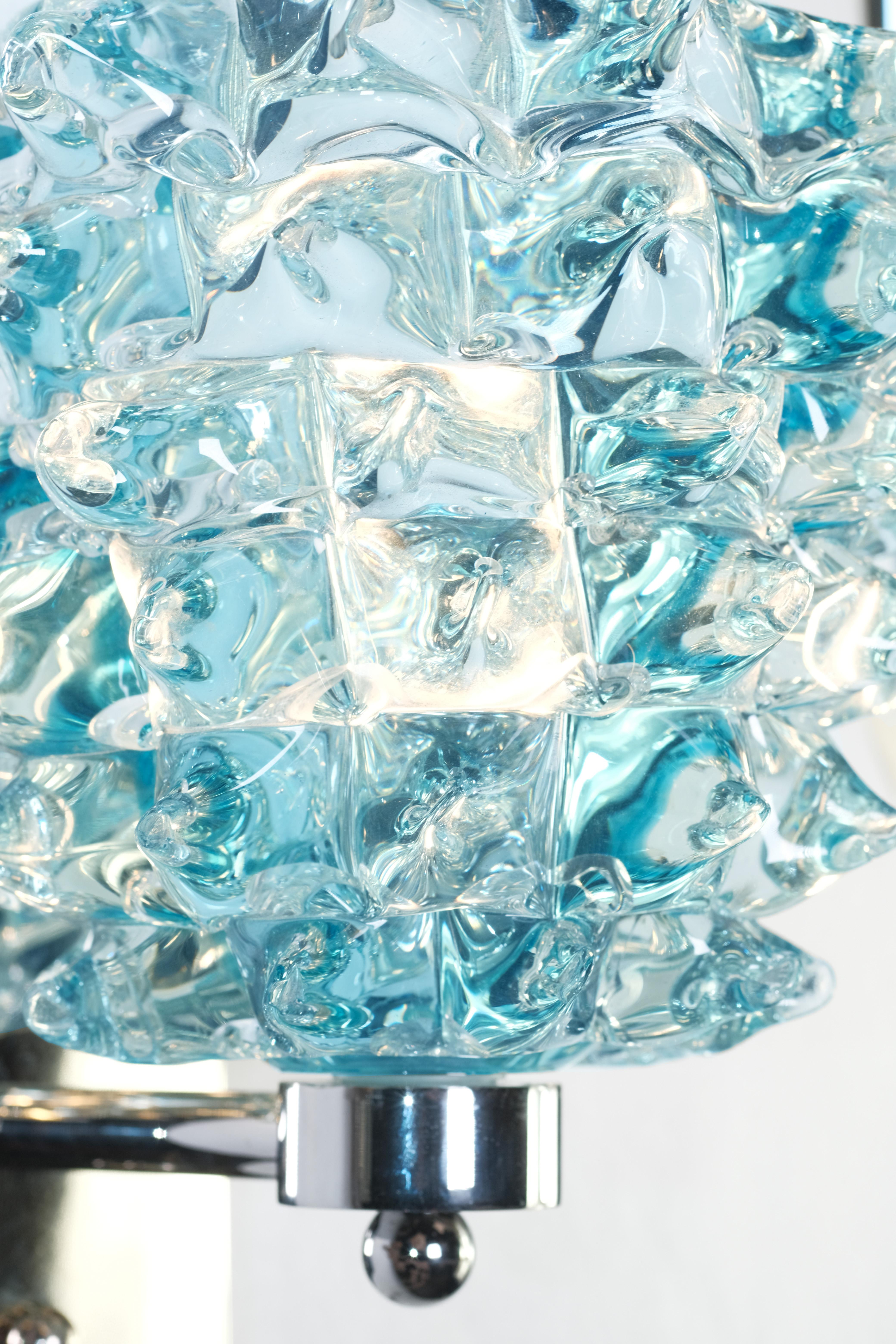 20th Century Charming Large Italian Brass & Blue Rostrato Textured Murano Glass Sconces For Sale