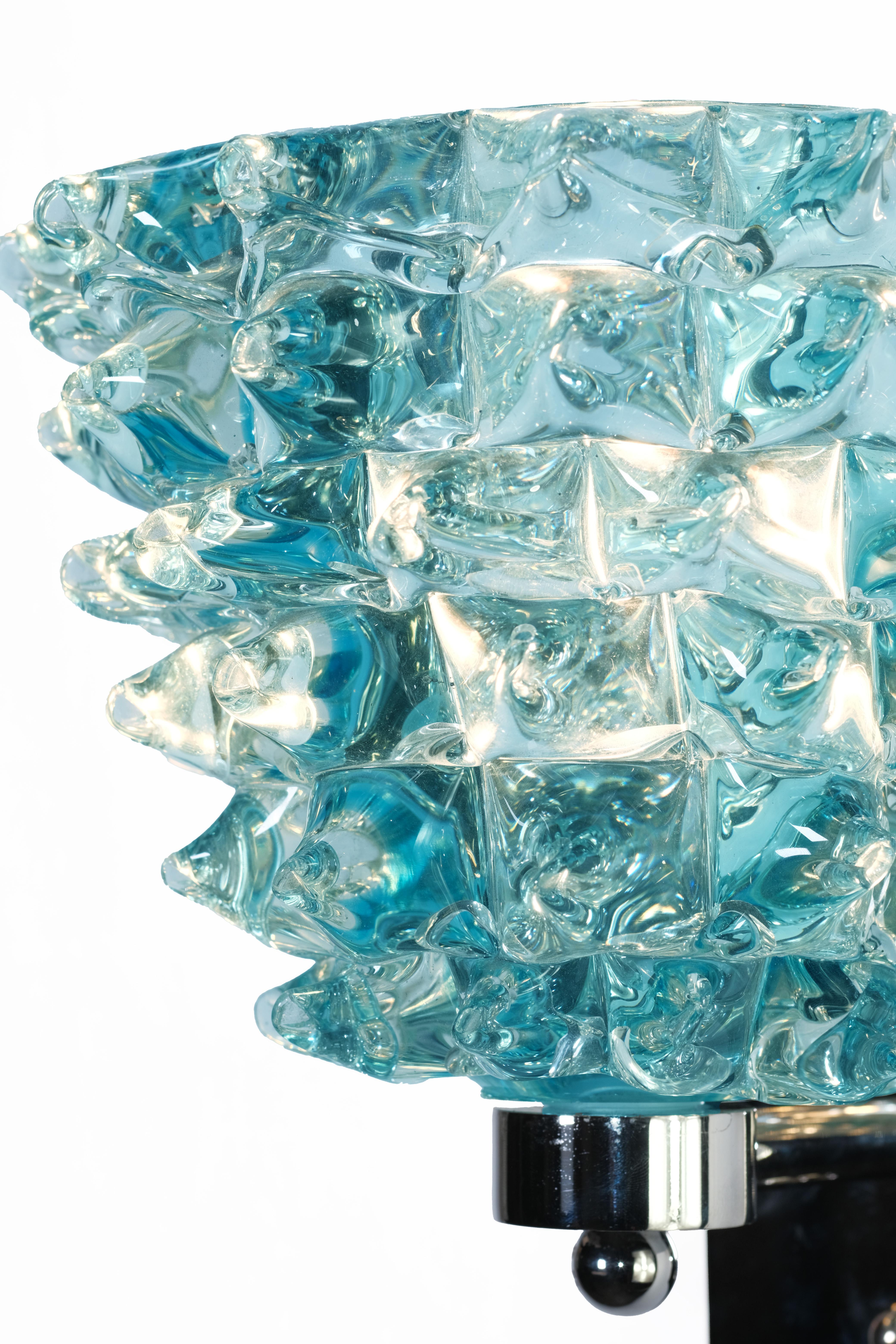 Charming Large Italian Brass & Blue Rostrato Textured Murano Glass Sconces For Sale 2