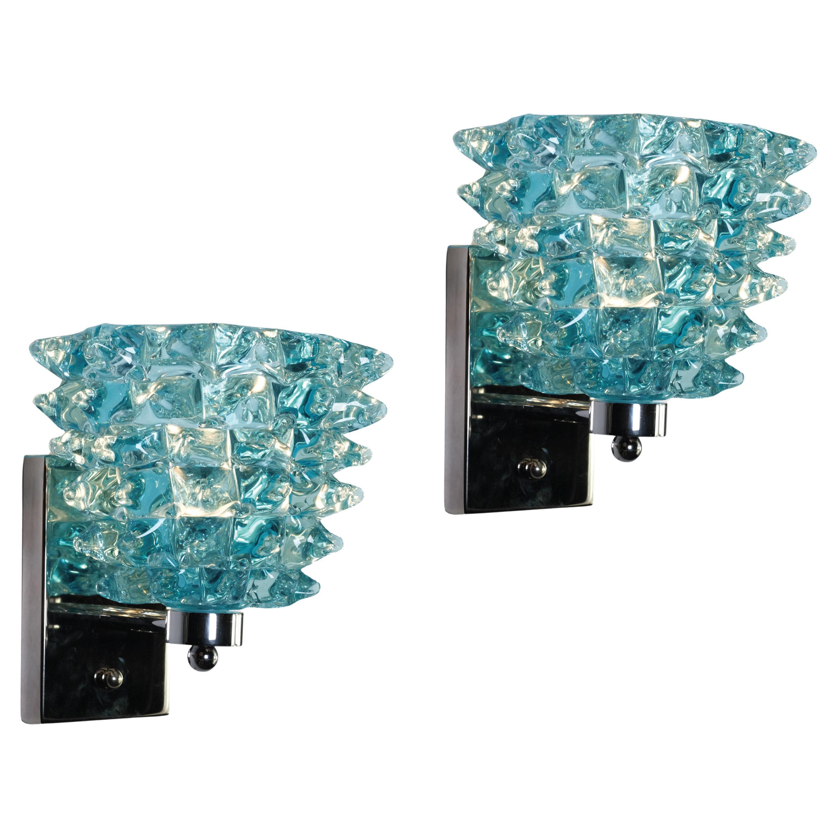 Charming Large Italian Brass & Blue Rostrato Textured Murano Glass Sconces For Sale