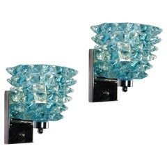 Charming Large Italian Brass & Blue Rostrato Textured Murano Glass Sconces