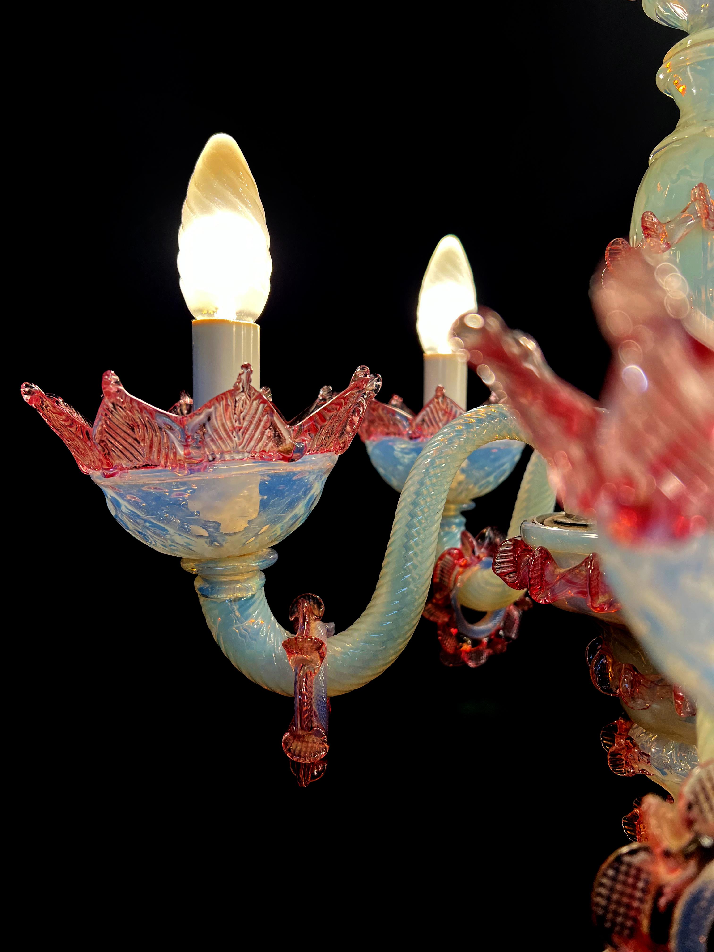 Charming Light Blue and Pink Venetian Chandelier, Murano, 1950s For Sale 1