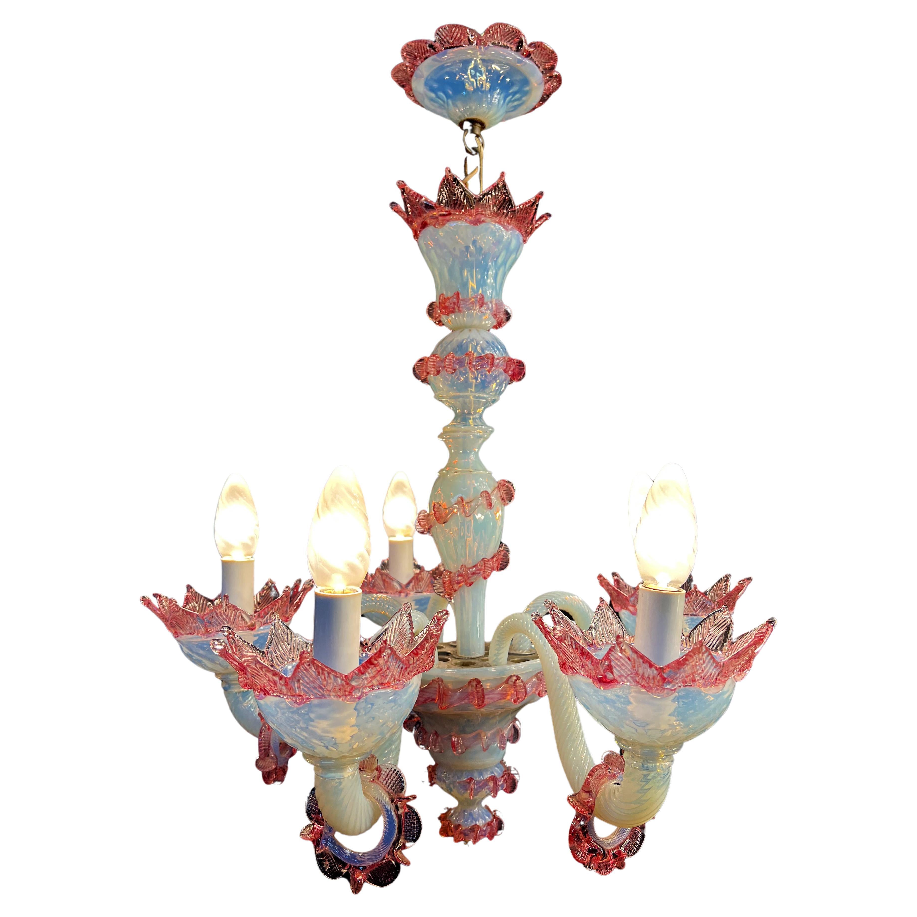 Charming Light Blue and Pink Venetian Chandelier, Murano, 1950s