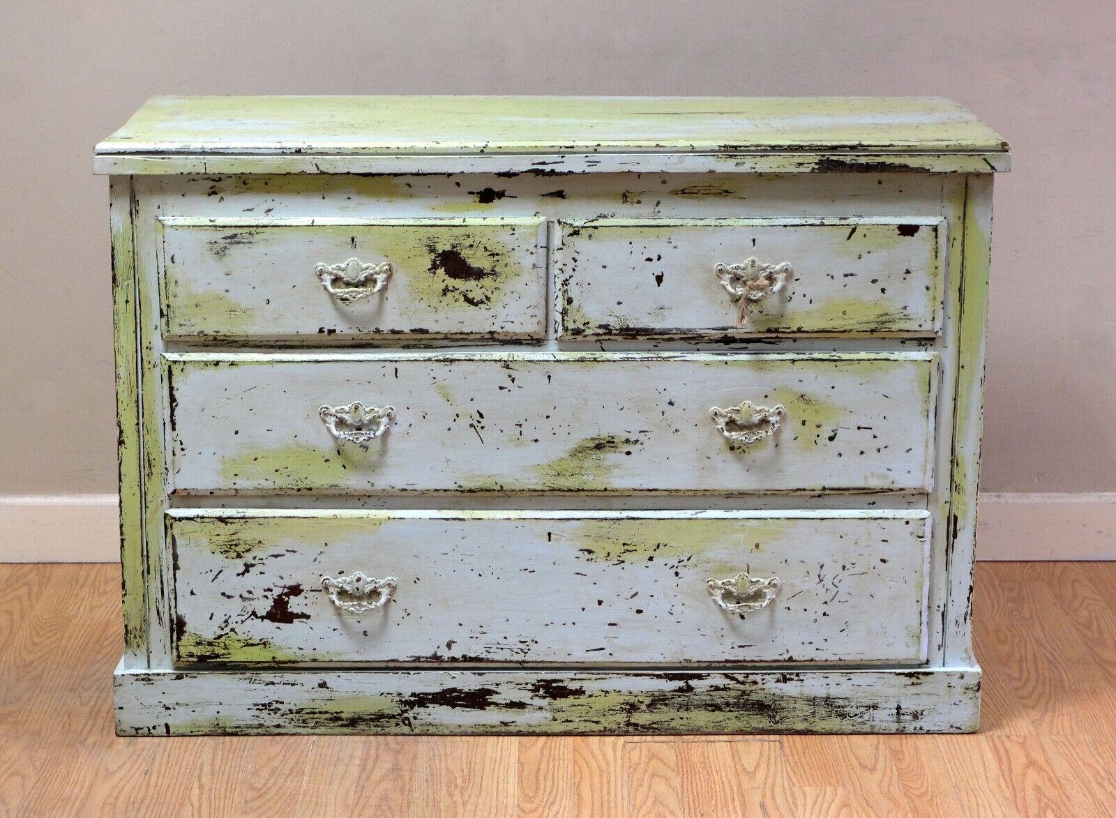 Hand-Painted Charming Lime Green Rustic Antique Victorian Pine Chest of Drawers For Sale