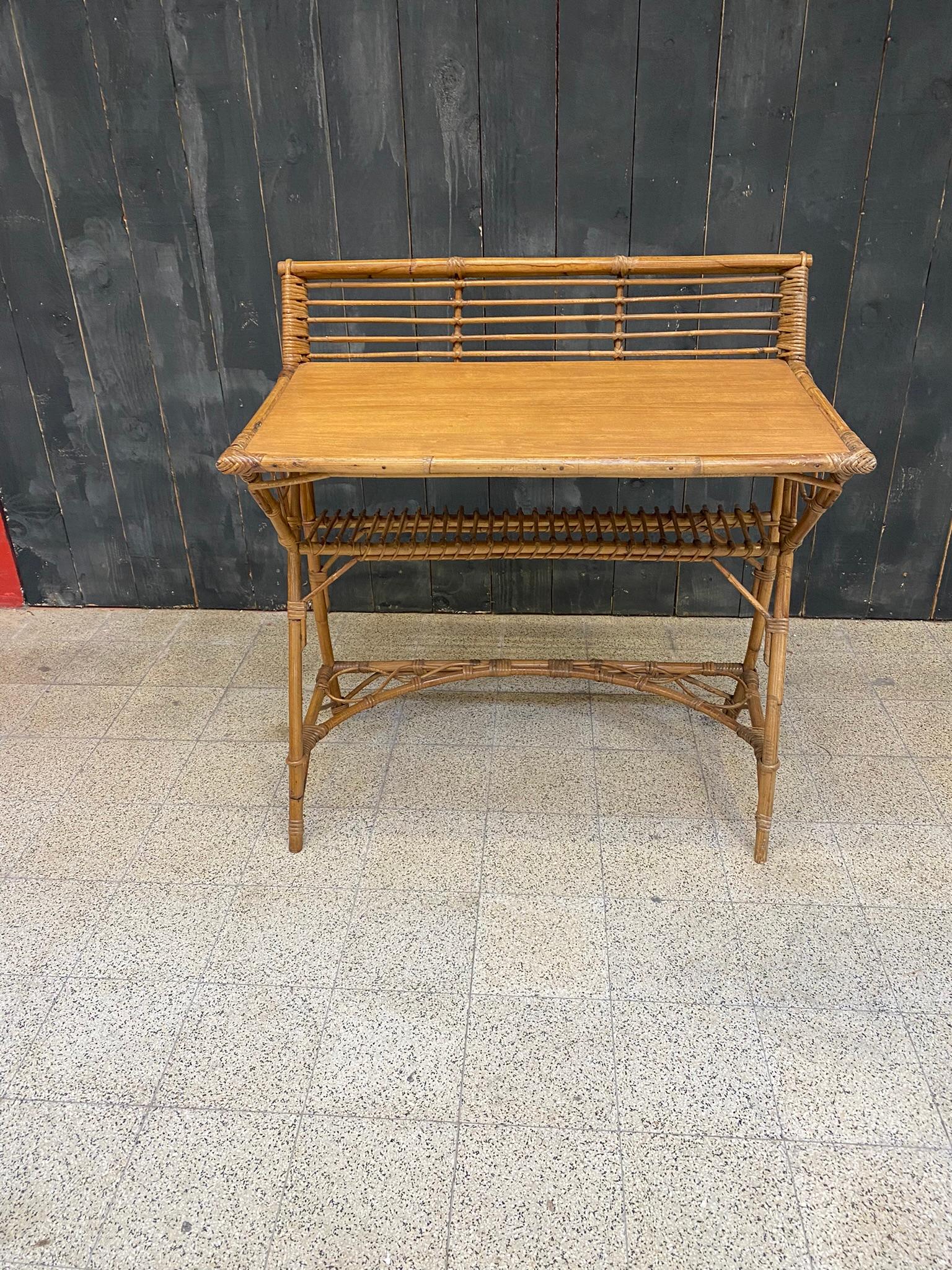 Charming little desk or console in bamboo and wood in the style of Louis Sognot circa 1950/1960.
