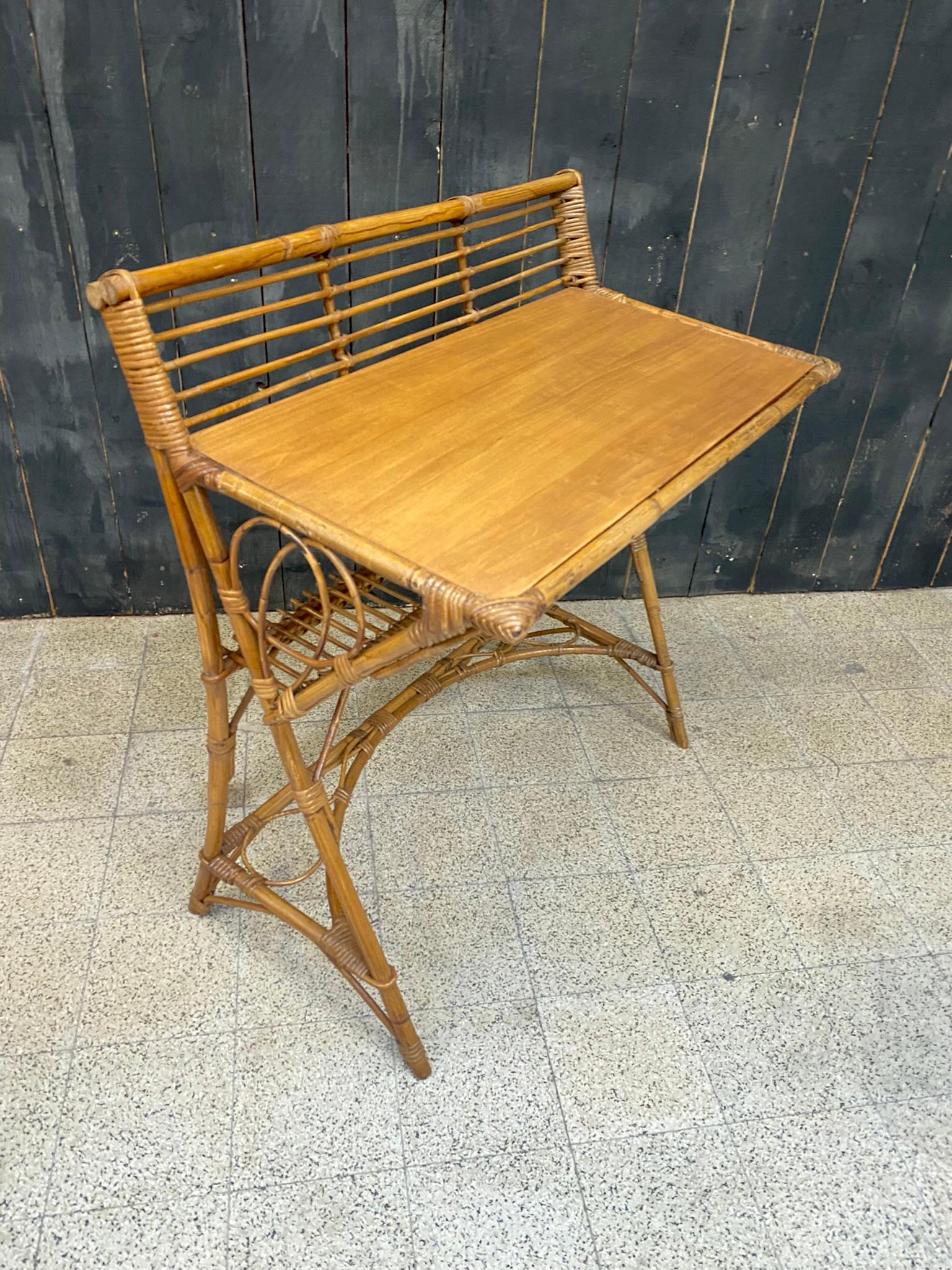 Mid-Century Modern Charming Little Desk or Console in Bamboo and Wood in the Style of Louis Sognot  For Sale