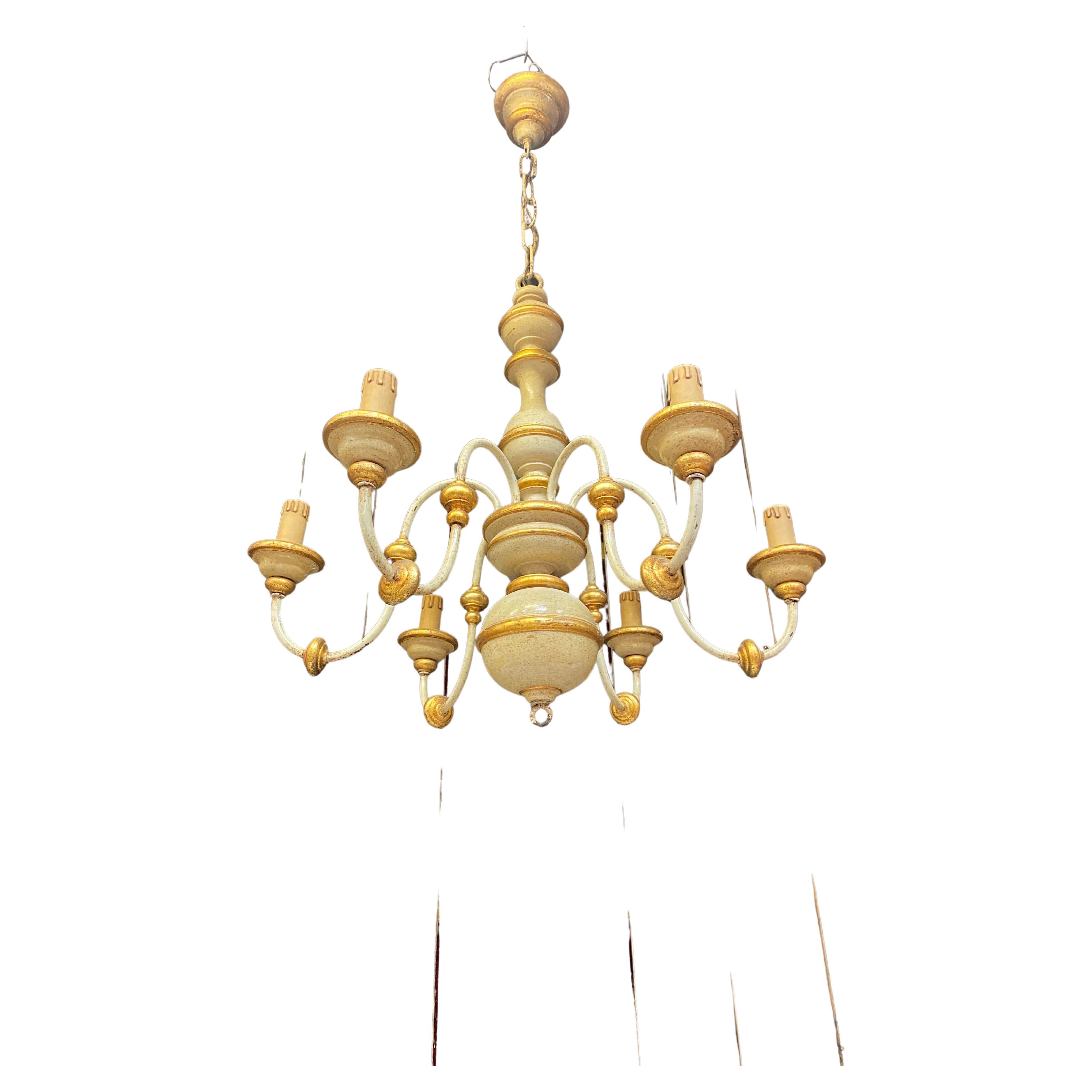 Charming Little Neo Romantic Chandelier in Patinated Wood circa 1960 For Sale