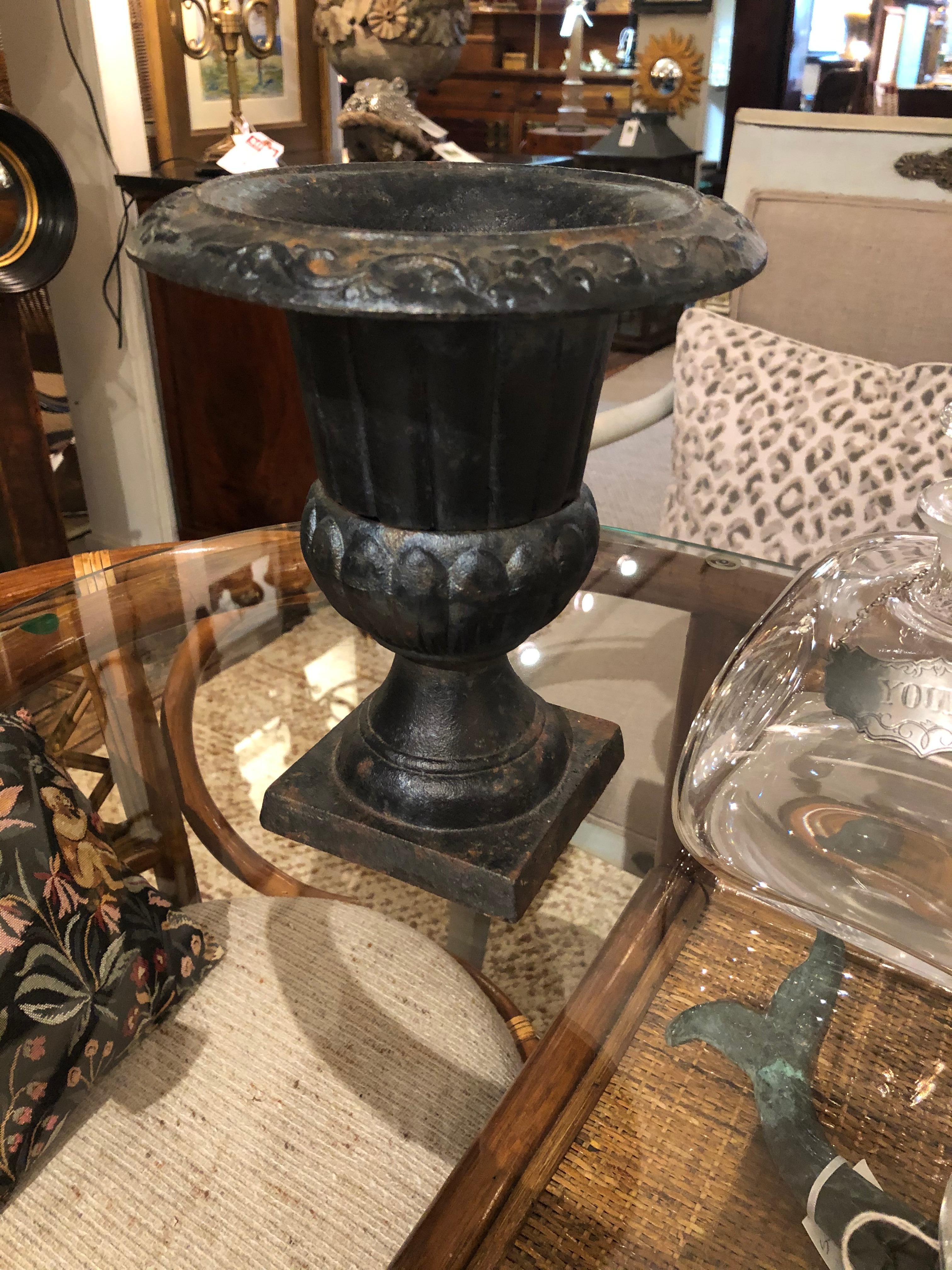 Classic pair of diminutive black cast iron urns that make an elegant accessory.