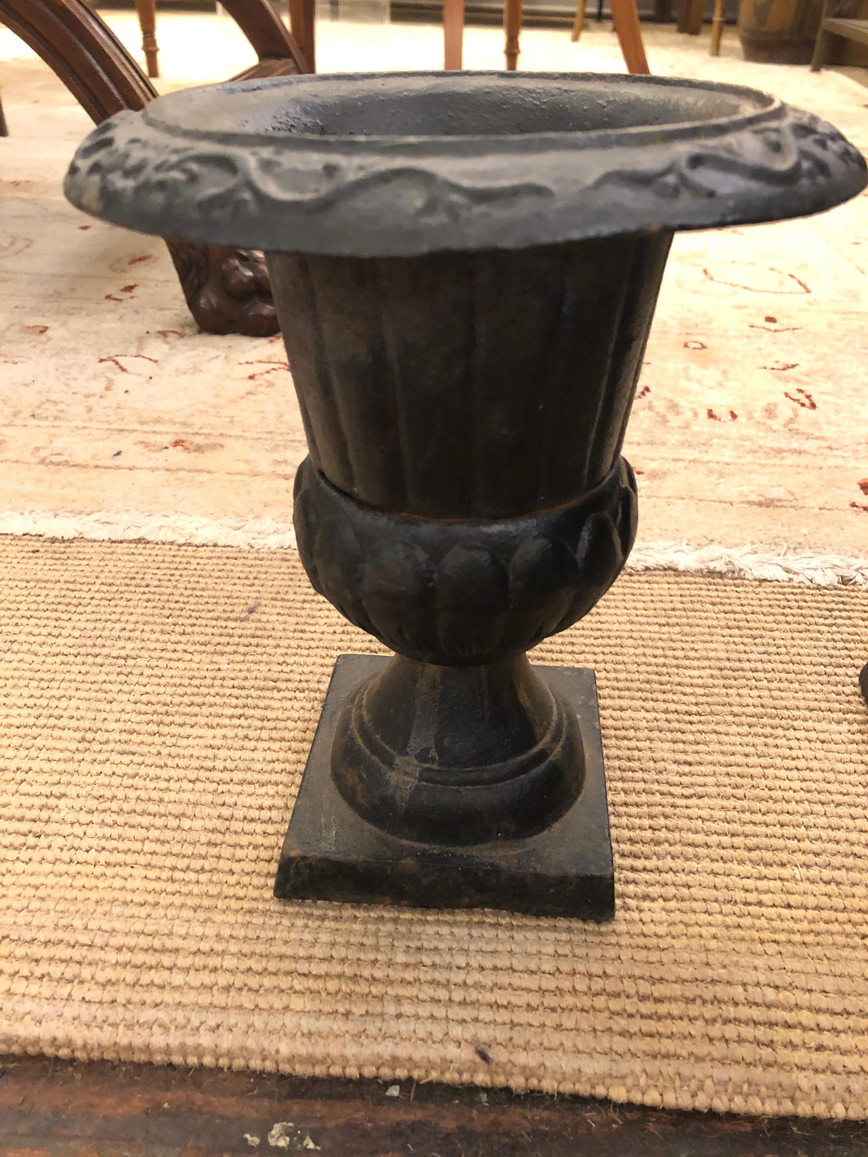 Charming Little Pair of Black Iron Urns For Sale 1