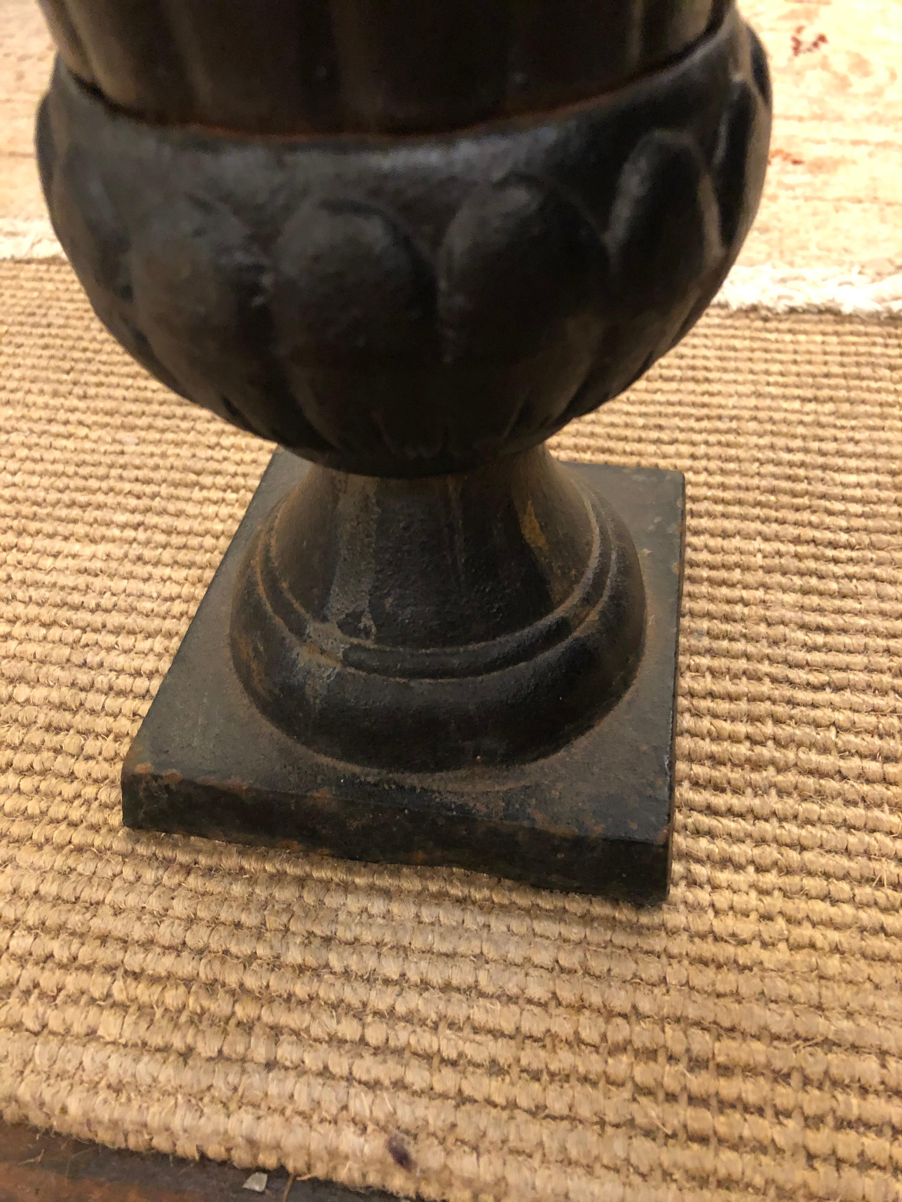 Charming Little Pair of Black Iron Urns For Sale 2