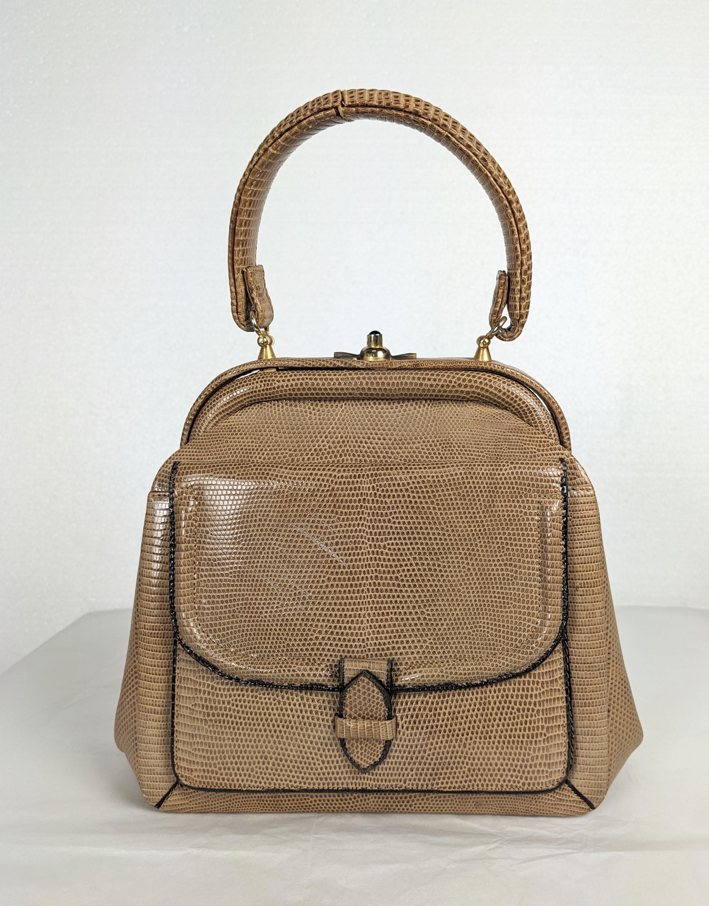 Charming Lizard Mini Purse from the 1960's retailed by Alexanders. Charming design made in Italy with top handle and outer pocket. Suede lining, 1960's Italy. 7.5