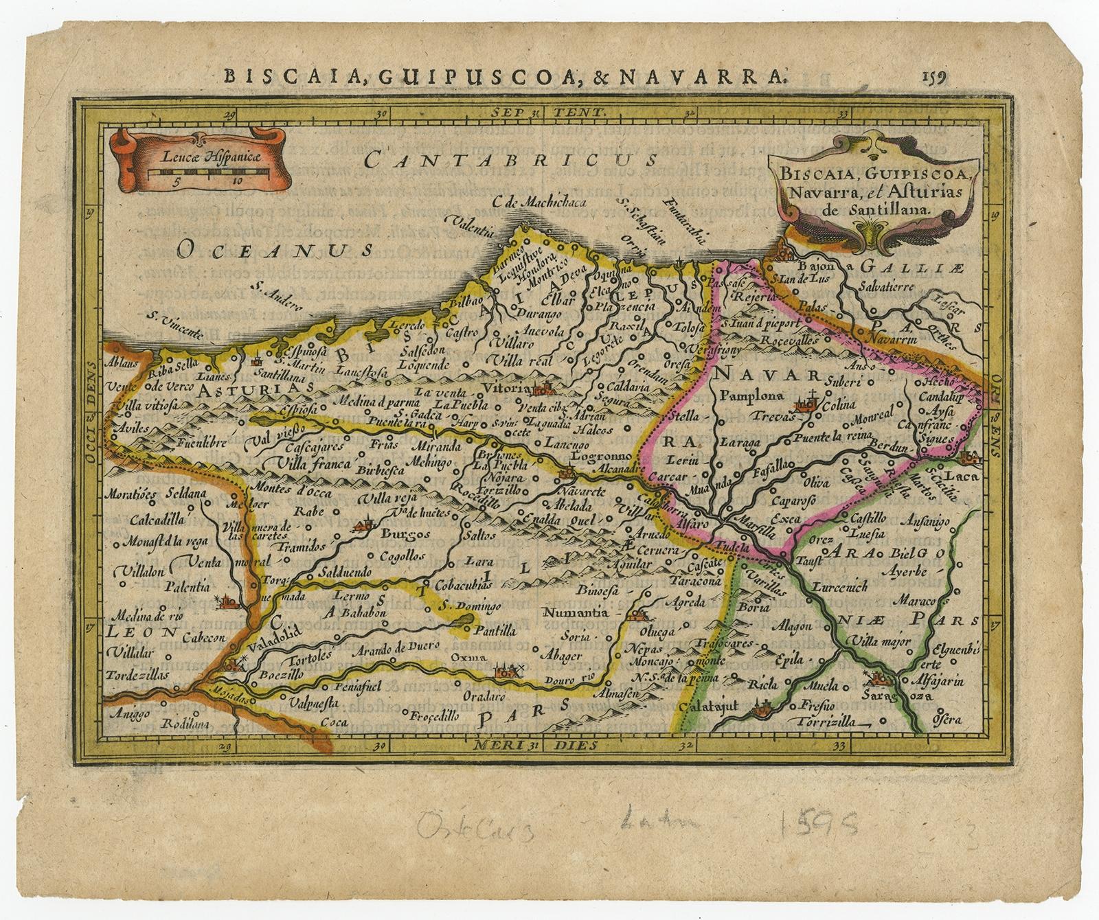 Antique map titled 'Biscaia, Guipiscoa, Navarra et Asturias de Santillana'. 

Charming map of Northeastern Spain with the areas of Pamplona and Valladolid. This map originates from 'Atlas Minor' by G. Mercator.

Artists and engravers: Published