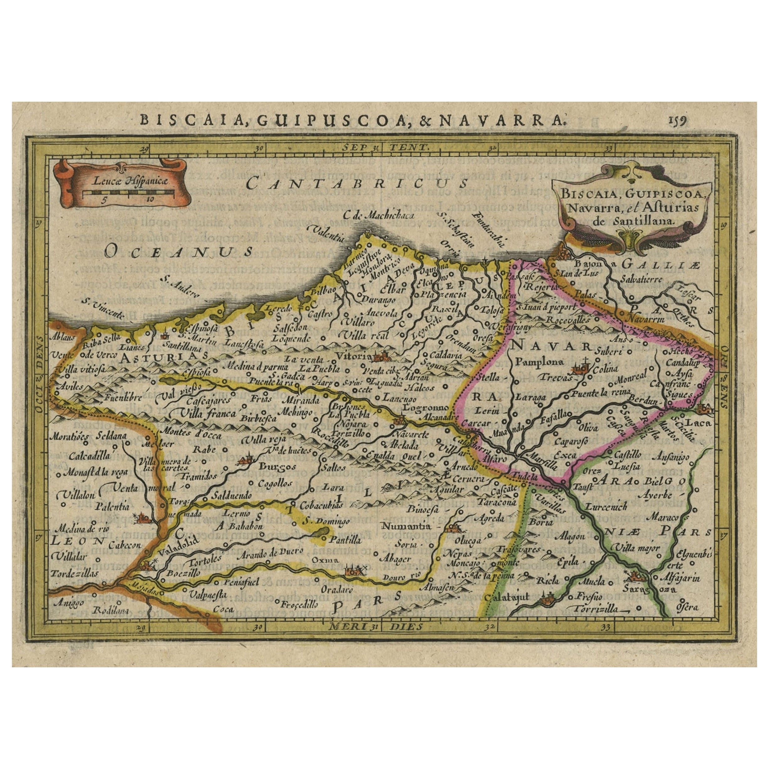 Charmante carte du nord-est de l'Espagne avec les régions de Pamplona et Valladolid, 1634