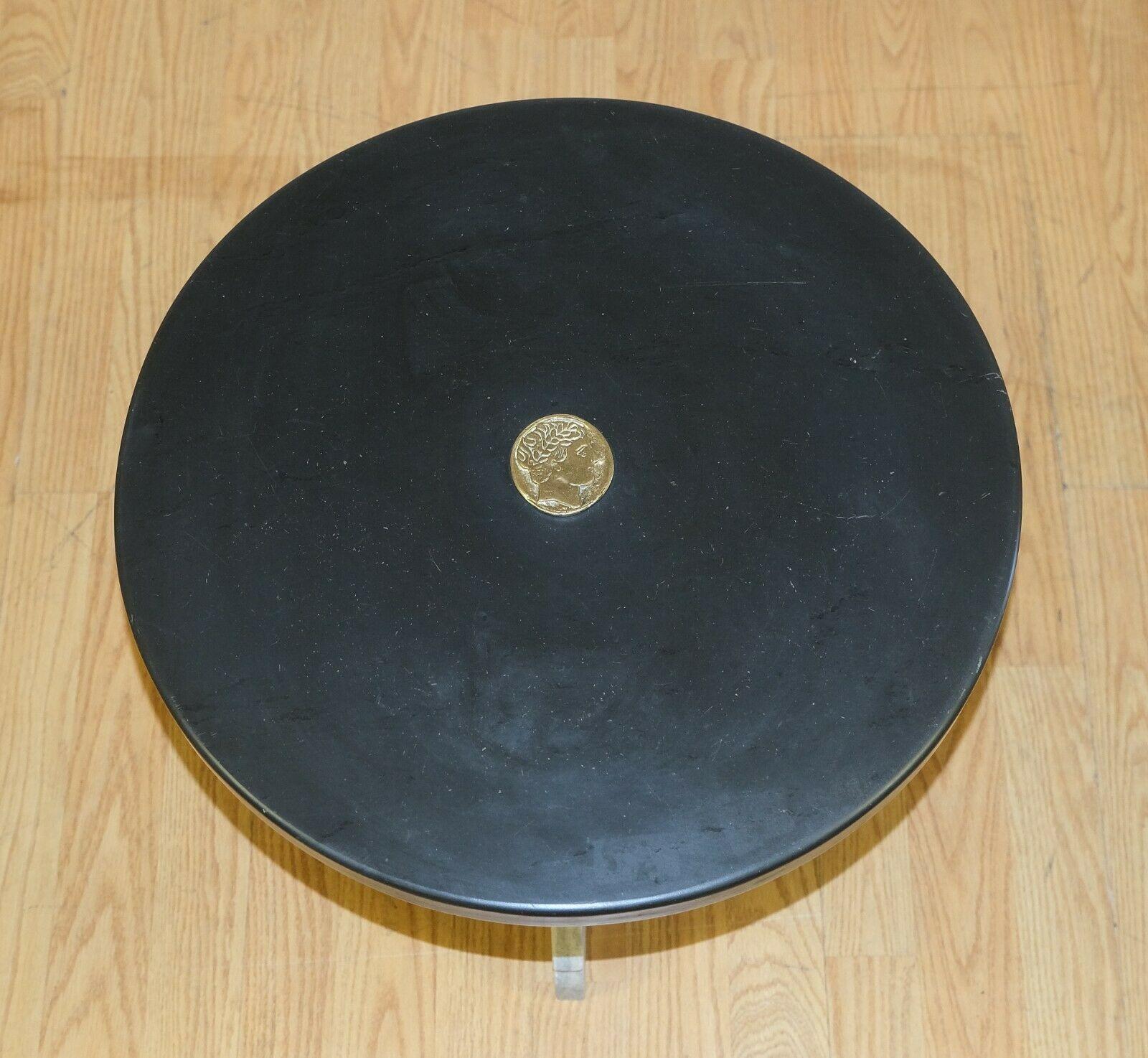 Art Deco Charming Marble Low, Occasional Circular Black Top Table & Roman Head Crest