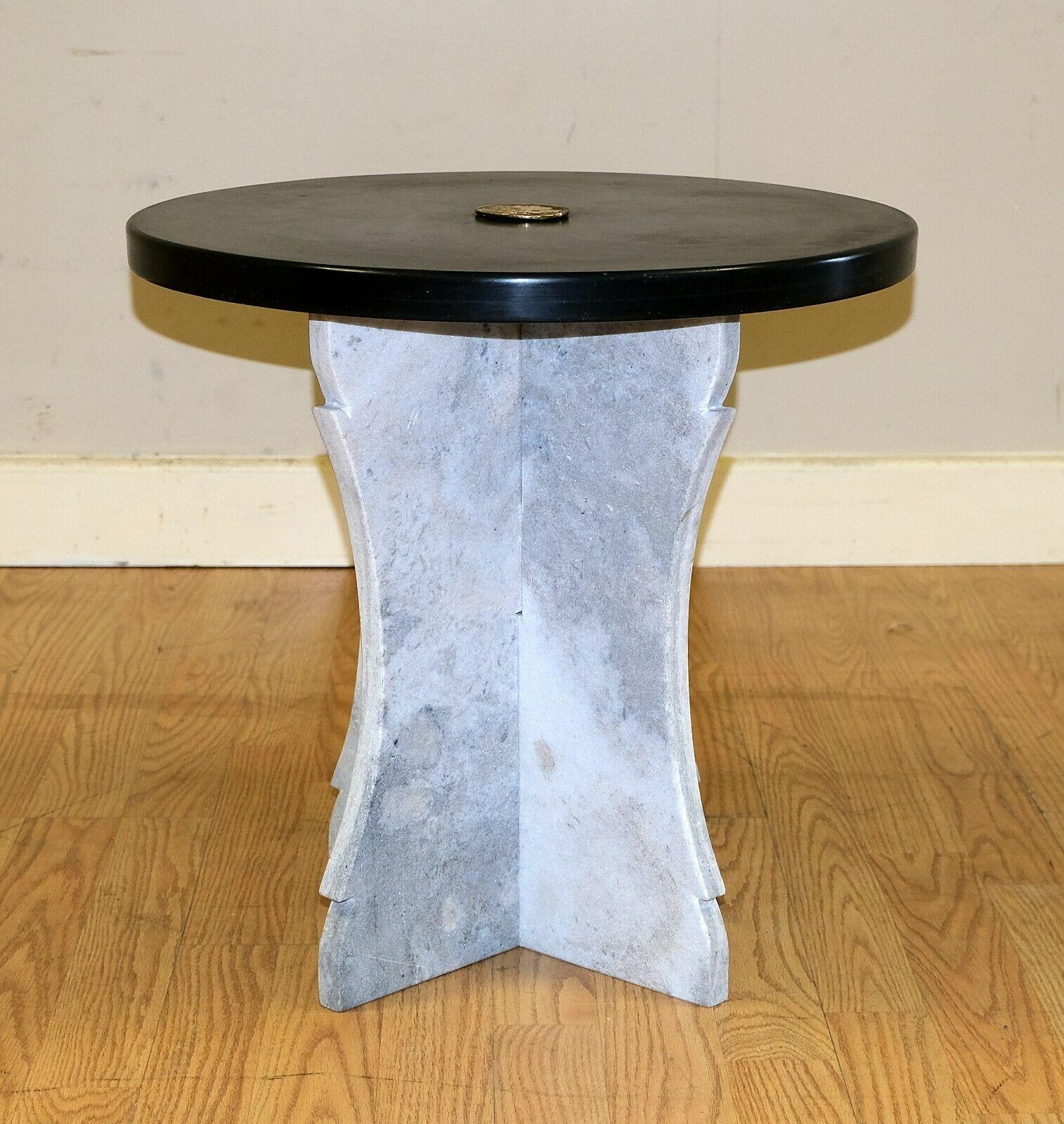 Hand-Crafted Charming Marble Low, Occasional Circular Black Top Table & Roman Head Crest