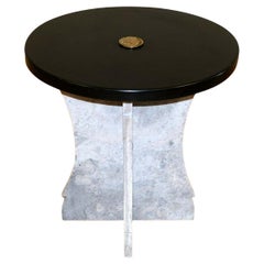 Charming Marble Low, Occasional Circular Black Top Table & Roman Head Crest