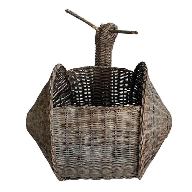 Hollywood Regency Charming Mid-Century French Wicker Snail Basket, c. 1960s