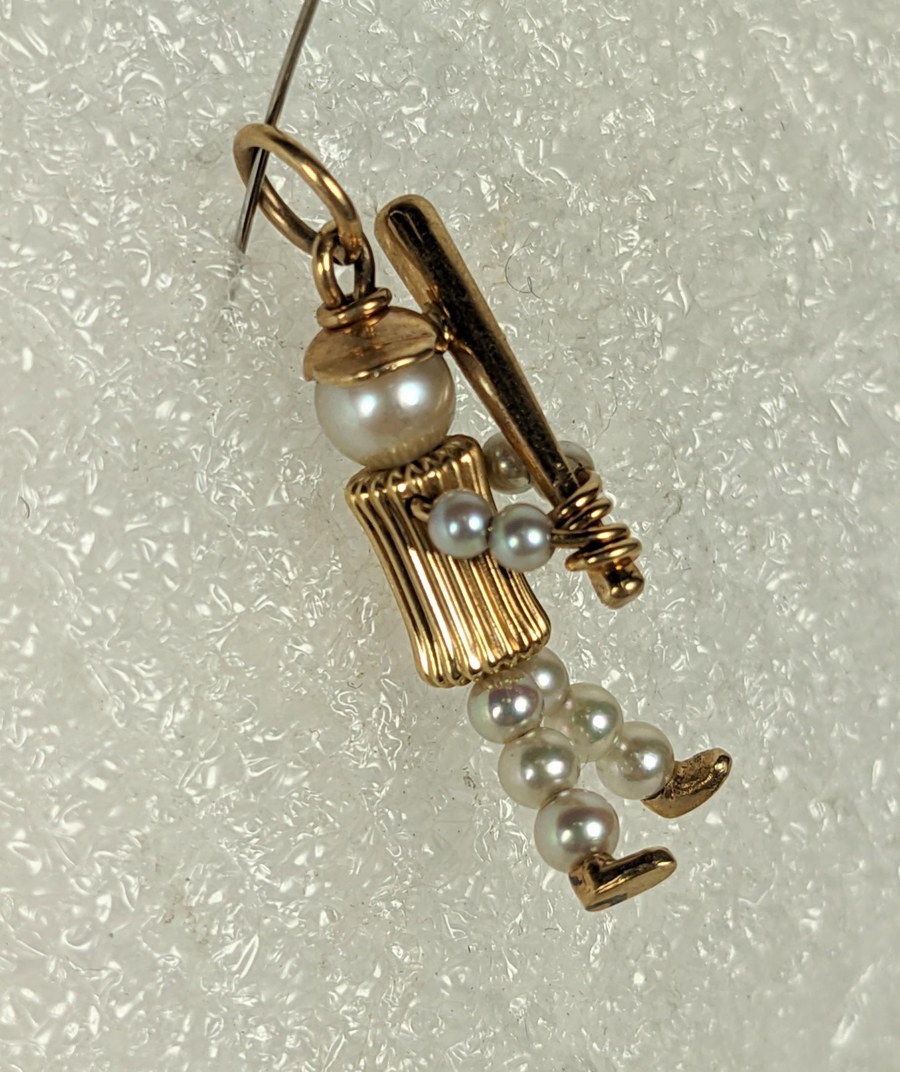 Artisan Charming Mid Century Gold and Pearl Baseball Charm For Sale