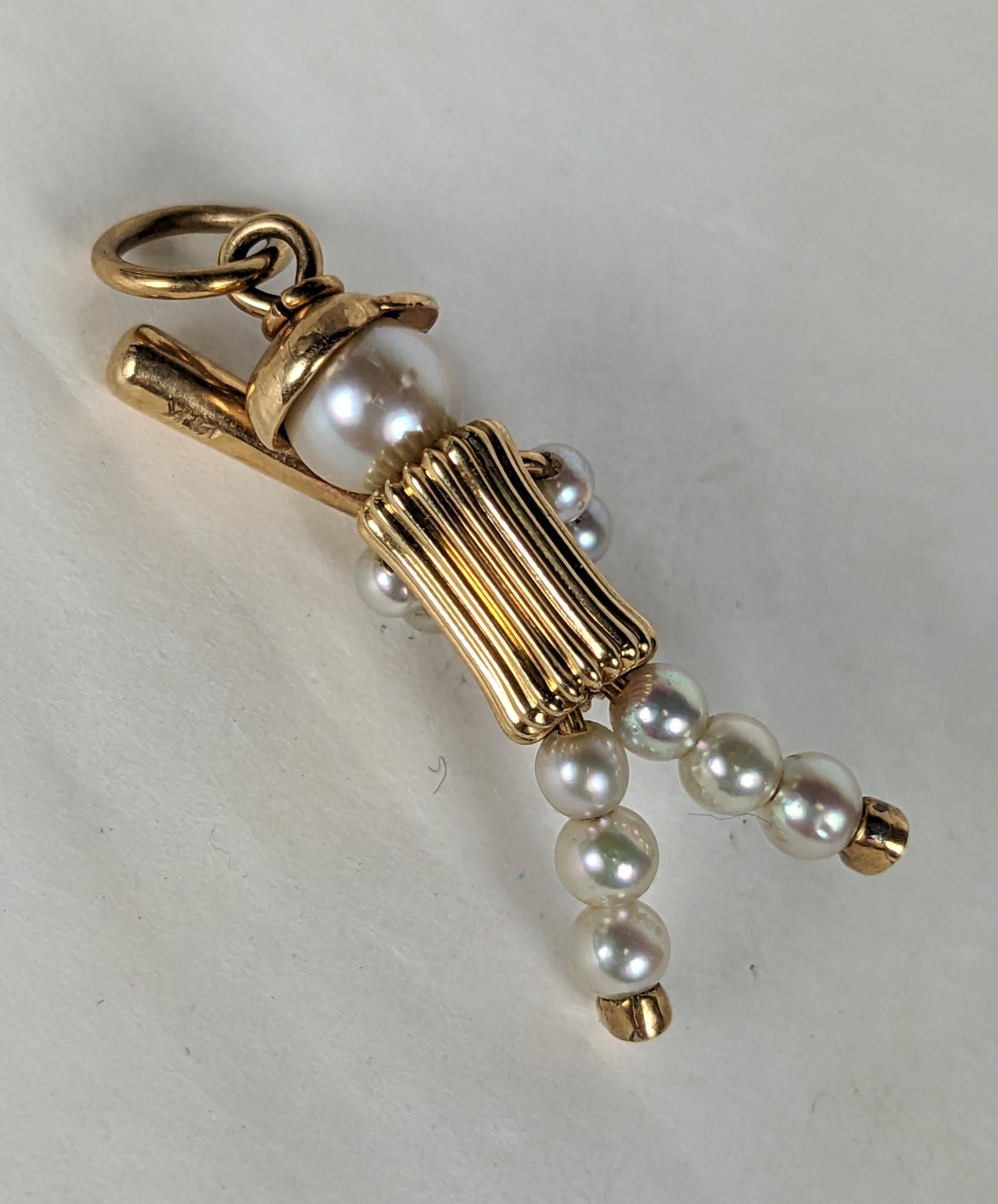 Charming Mid Century Gold and Pearl Baseball Charm In Excellent Condition For Sale In New York, NY