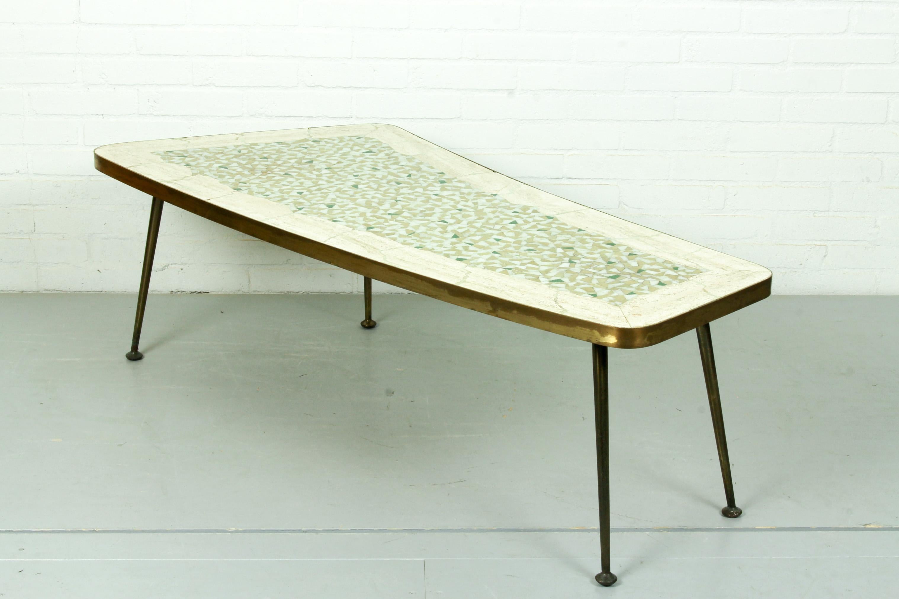 Mosaic Charming Midcentury Organically Shaped Brass-Leg Coffee Table, 1950s