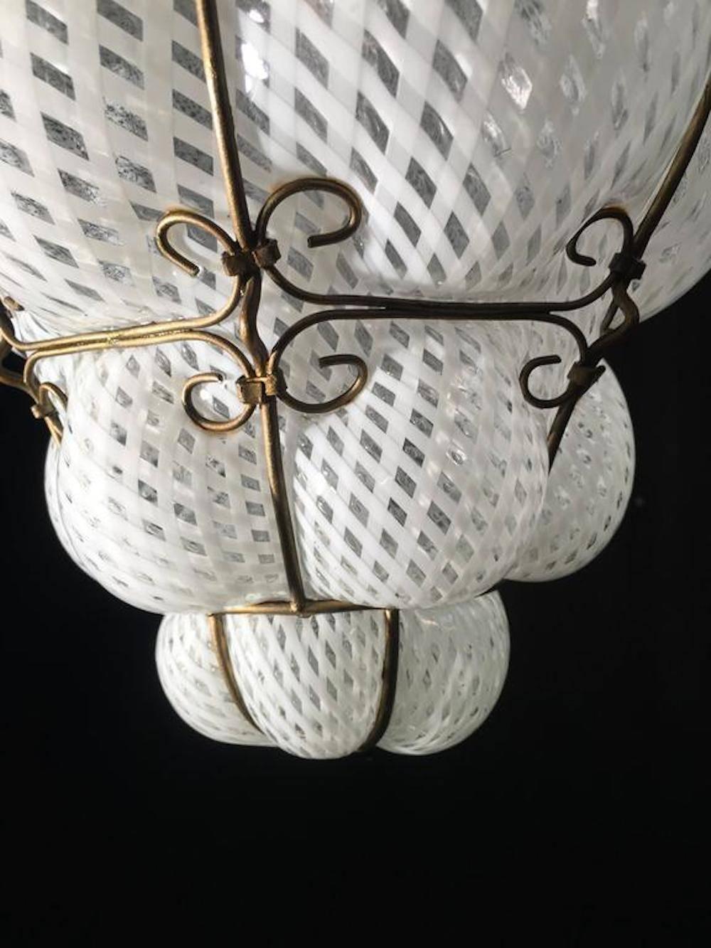 Blown Glass Charming Midcentury Venetian Lantern in Murano Reticello Glass